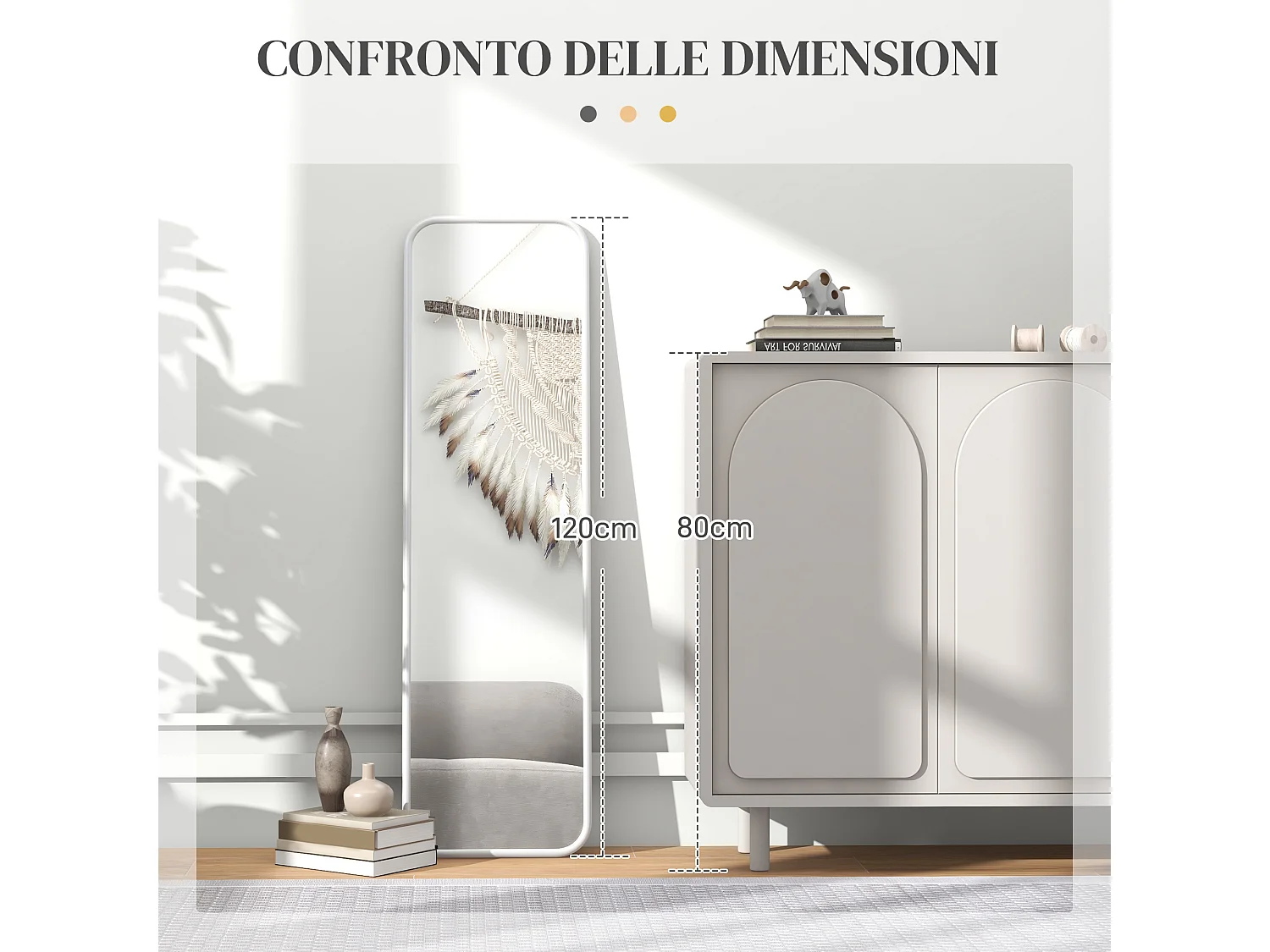 Specchio verticale moderno con bordi arrotondati in mdf e vetro bianco