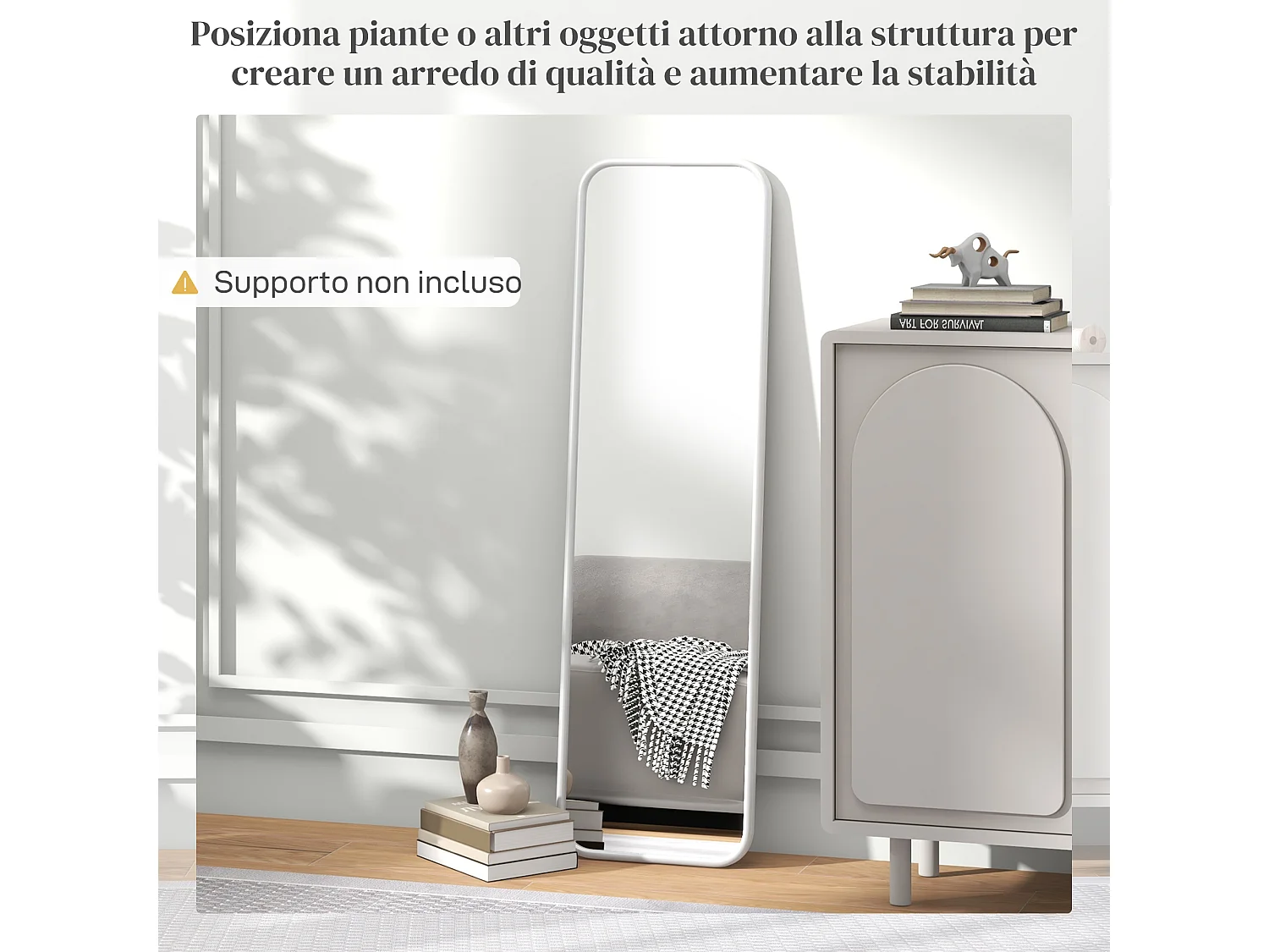 Specchio verticale moderno con bordi arrotondati in mdf e vetro bianco