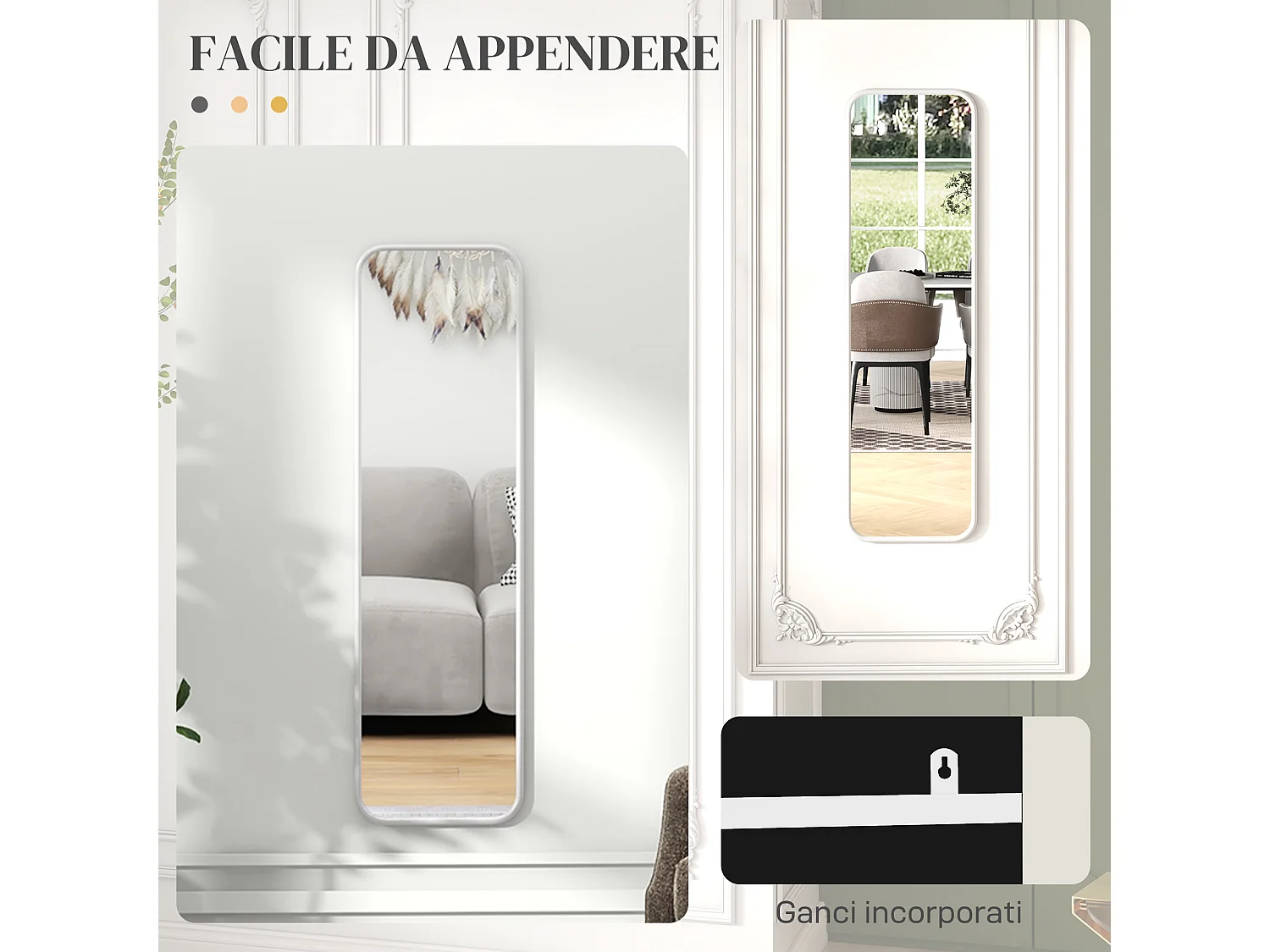 Specchio verticale moderno con bordi arrotondati in mdf e vetro bianco