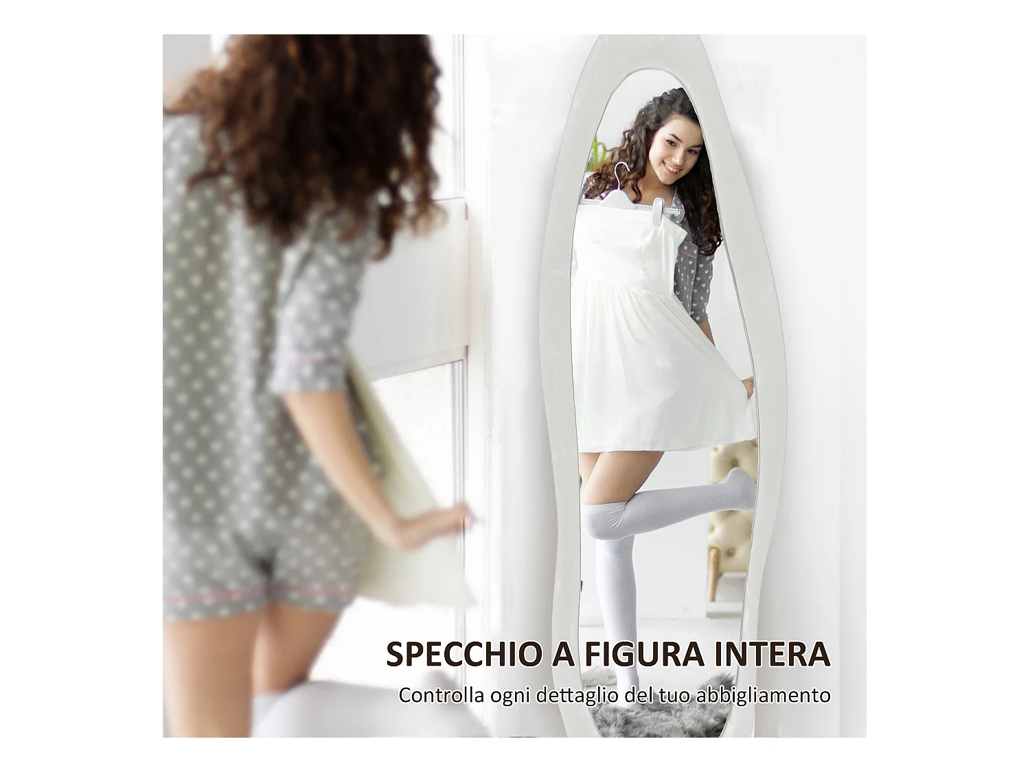 Specchio da terra e parete con cornice ondulata in velluto bianco