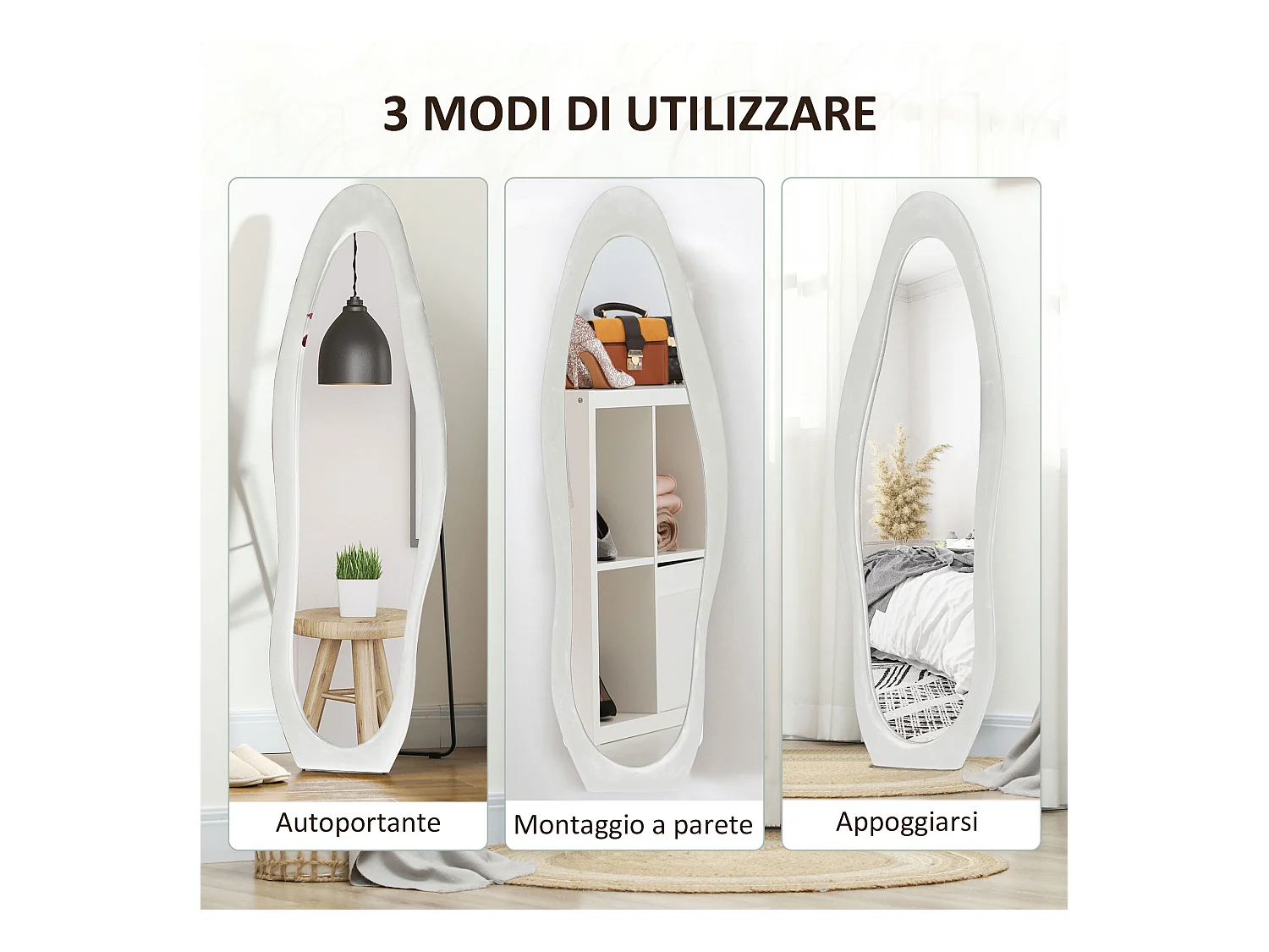 Specchio da terra e parete con cornice ondulata in velluto bianco