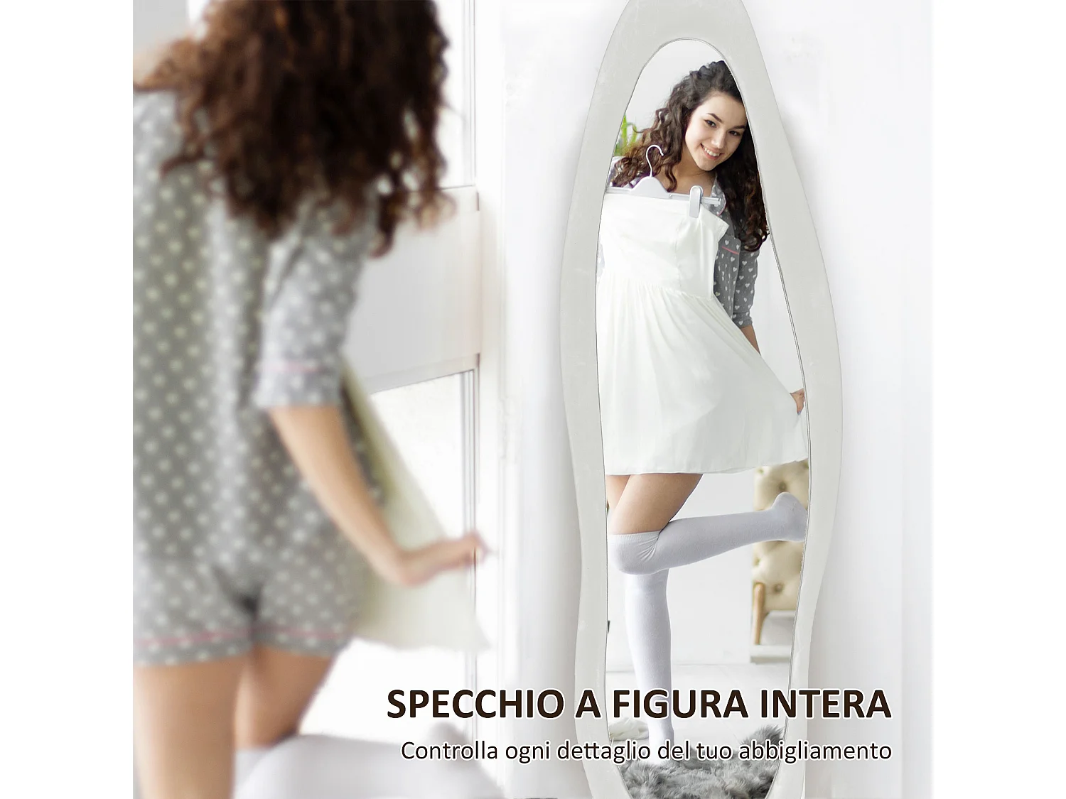 Specchio da terra e parete con cornice ondulata in velluto bianco