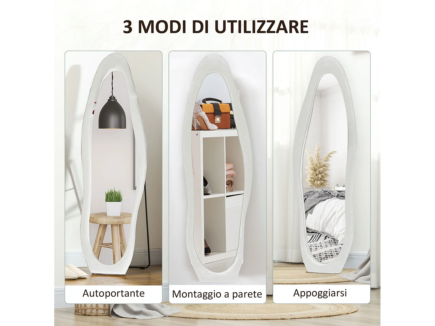 Specchio da terra e parete con cornice ondulata in velluto bianco