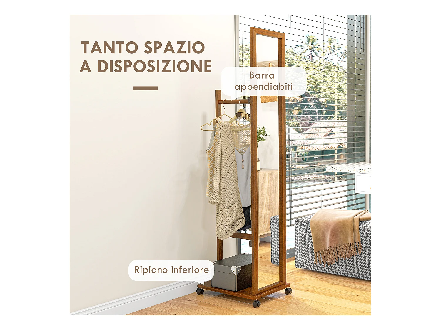 Specchio da camera e ingresso con ripiano inferiore e binario