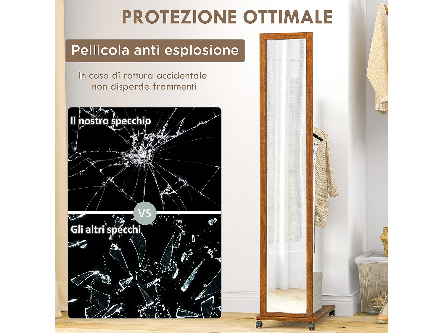 Specchio da camera e ingresso con ripiano inferiore e binario