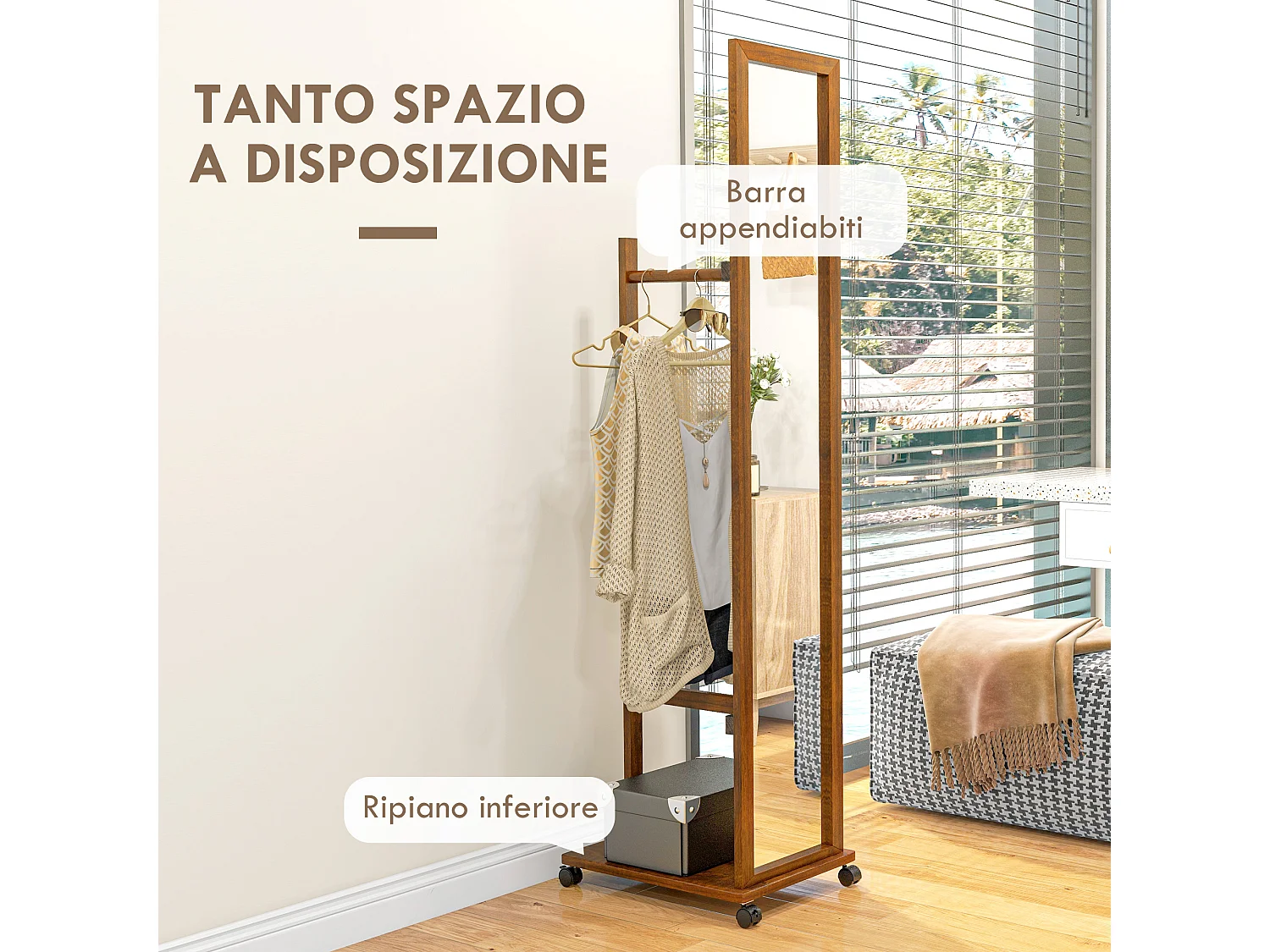 Specchio da camera e ingresso con ripiano inferiore e binario