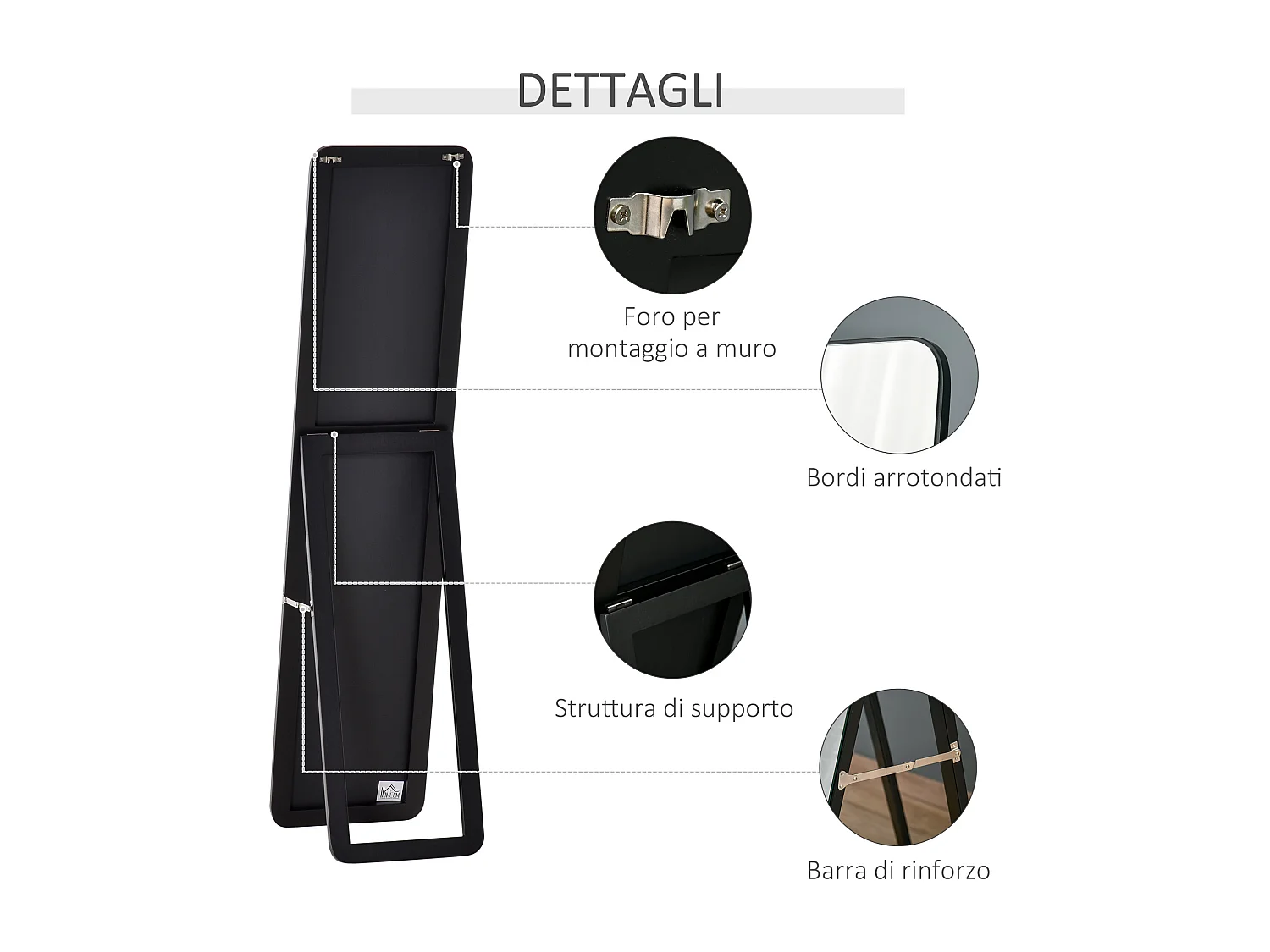 Specchio da terra e parete con supporto pieghevole nero