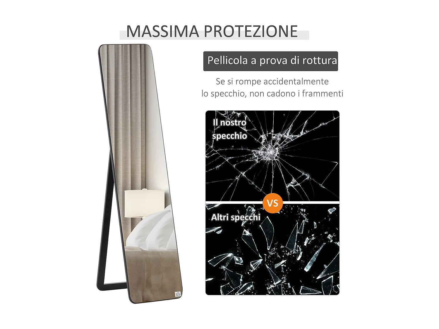 Specchio da terra e parete con supporto pieghevole nero