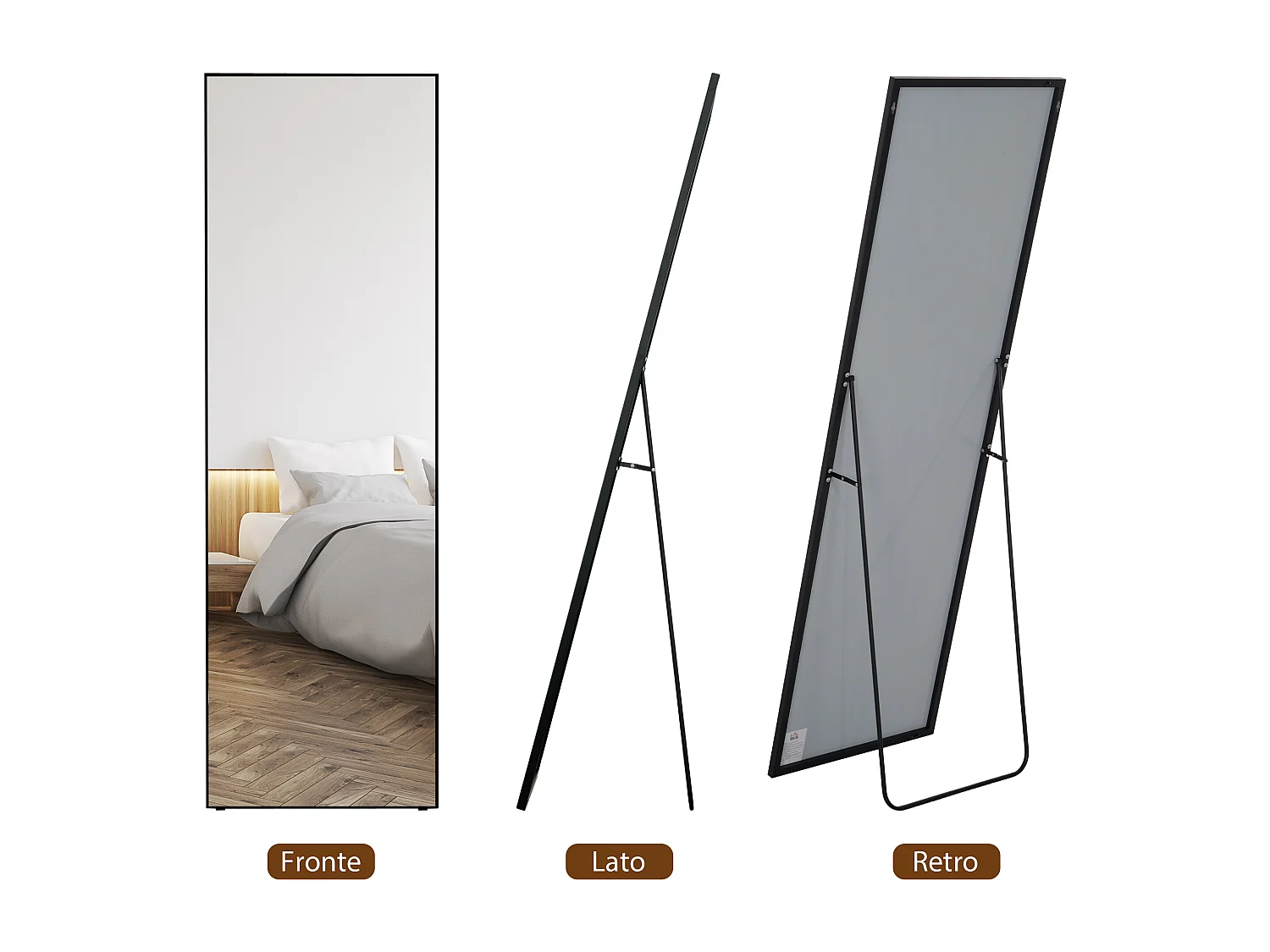 Specchio a figura intera da parete o terra in metallo e alluminio nero