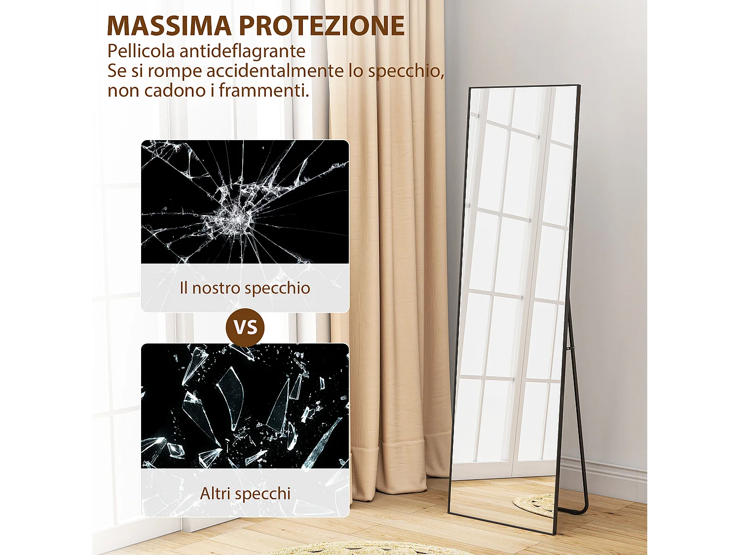 Specchio a figura intera da parete o terra in metallo e alluminio nero