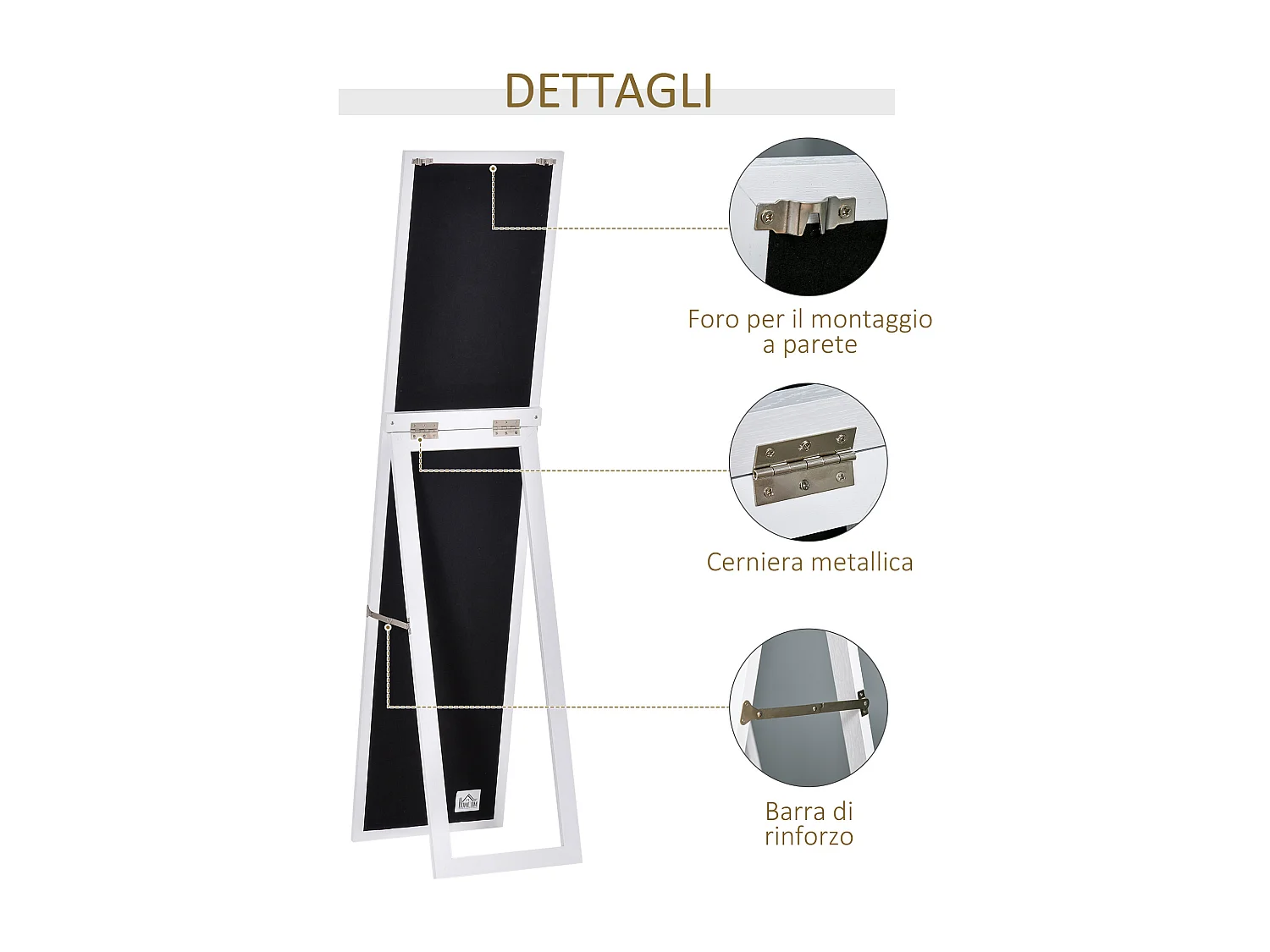 Specchio a figura intera con supporto richiudibile in mdf vetro bianco