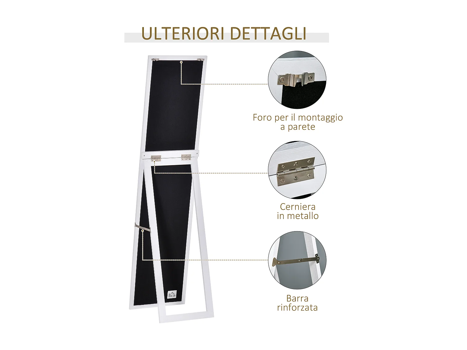 Specchio a figura intera con supporto richiudibile in mdf vetro bianco