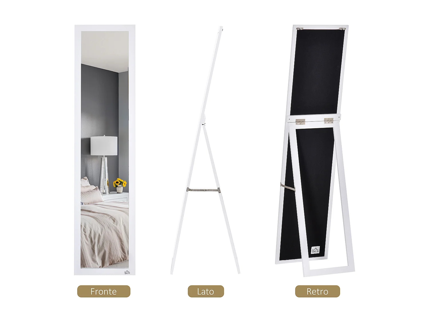 Specchio a figura intera con supporto richiudibile in mdf vetro bianco