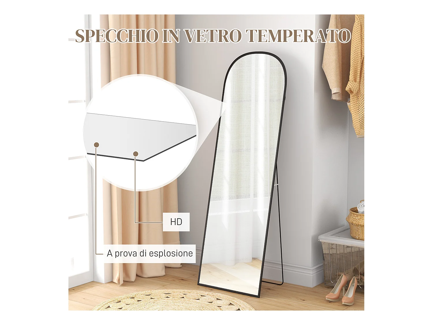 Specchio da terra e parete con supporto pieghevole 50x161.5cm nero