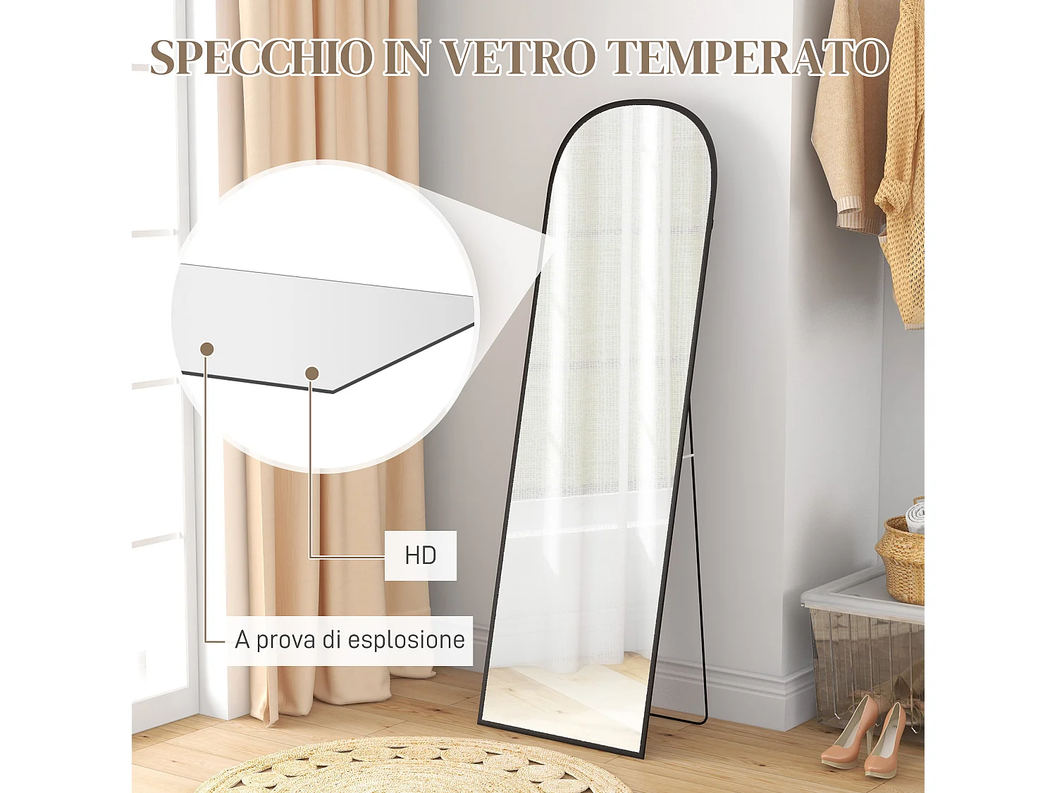 Specchio da terra e parete con supporto pieghevole 50x161.5cm nero