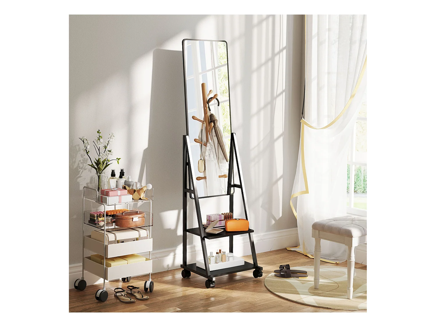 Specchio verticale con 2 ripiani in acciaio e truciolato nero