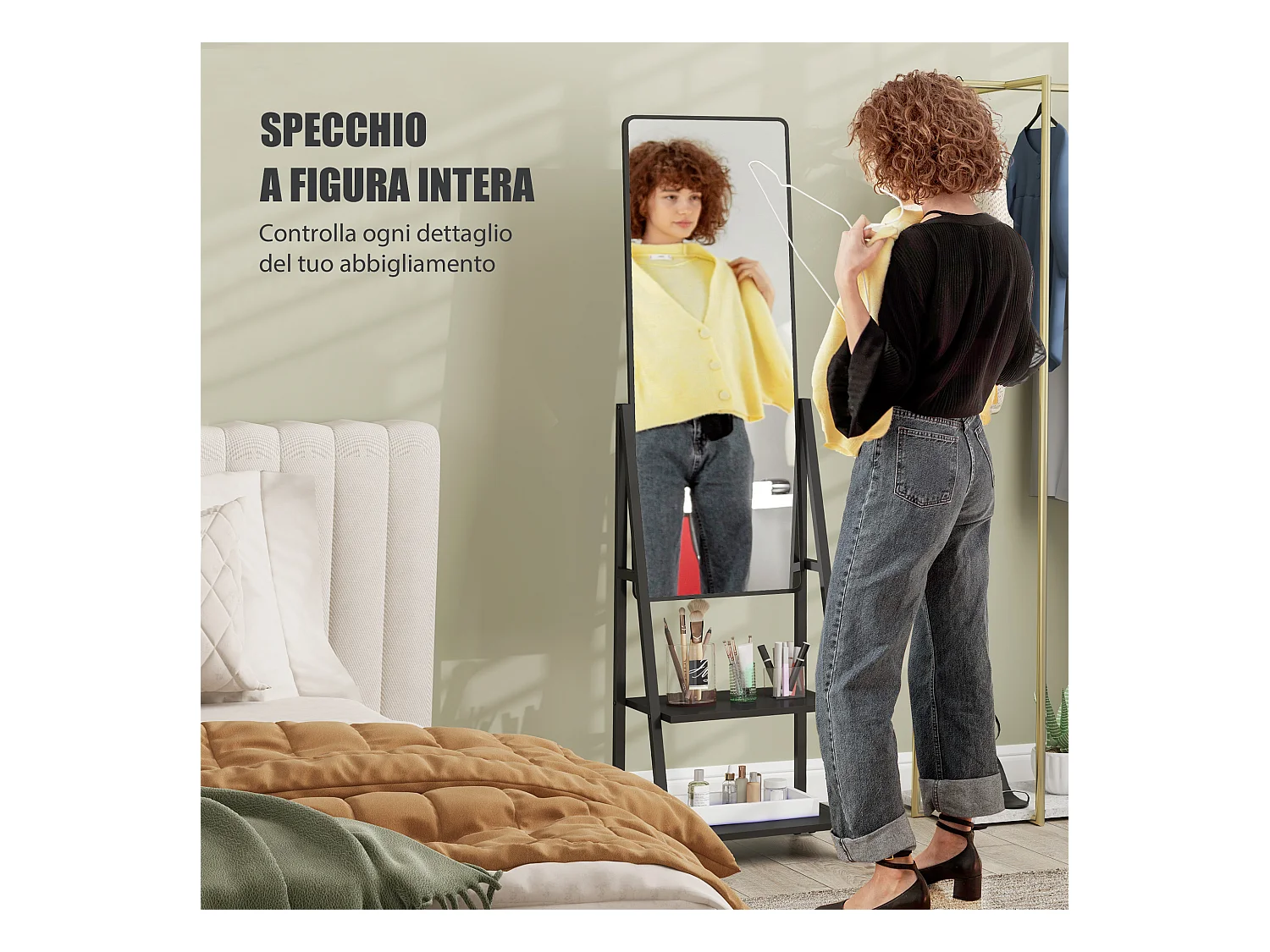 Specchio verticale con 2 ripiani in acciaio e truciolato nero