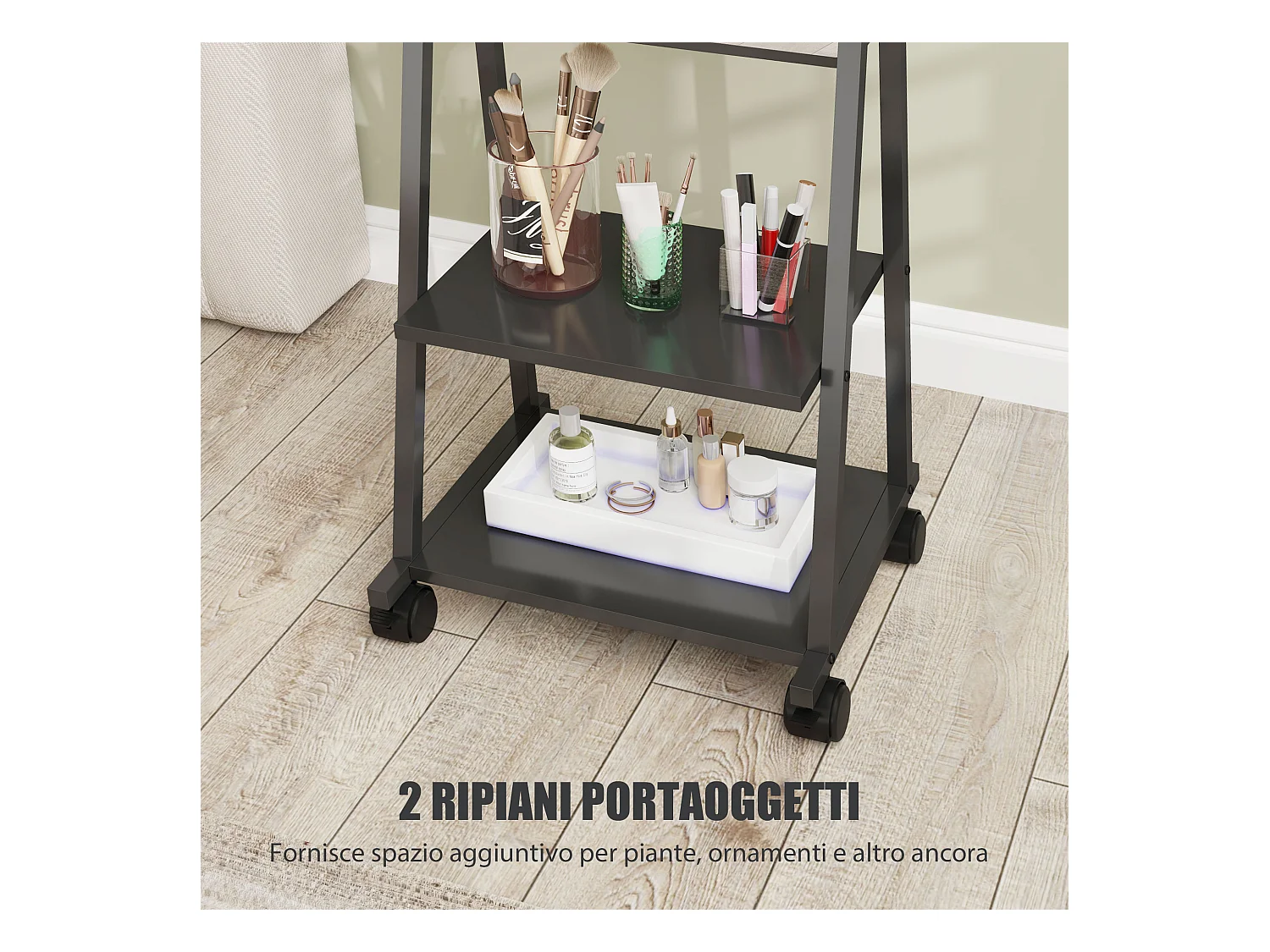 Specchio verticale con 2 ripiani in acciaio e truciolato nero