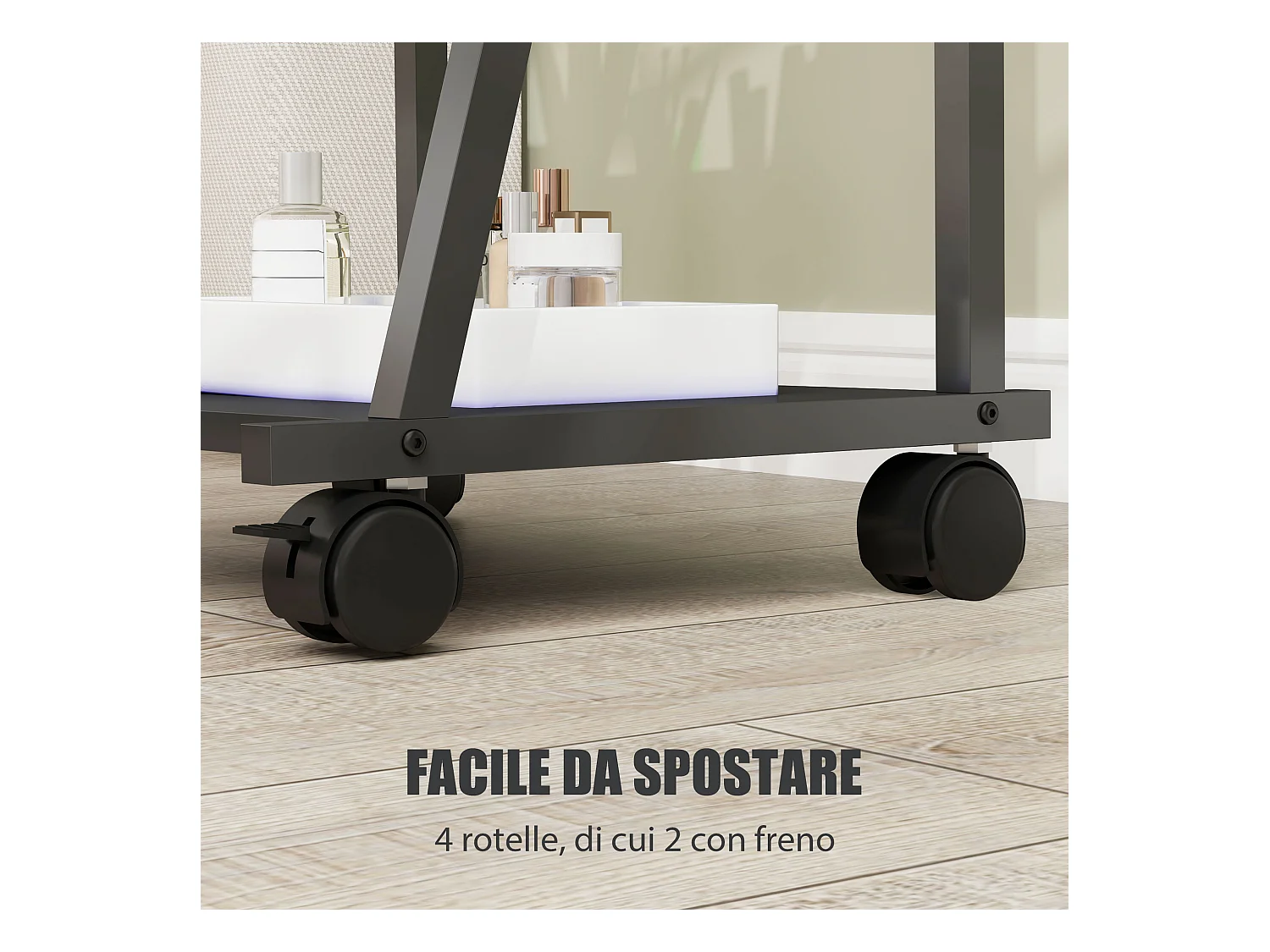 Specchio verticale con 2 ripiani in acciaio e truciolato nero