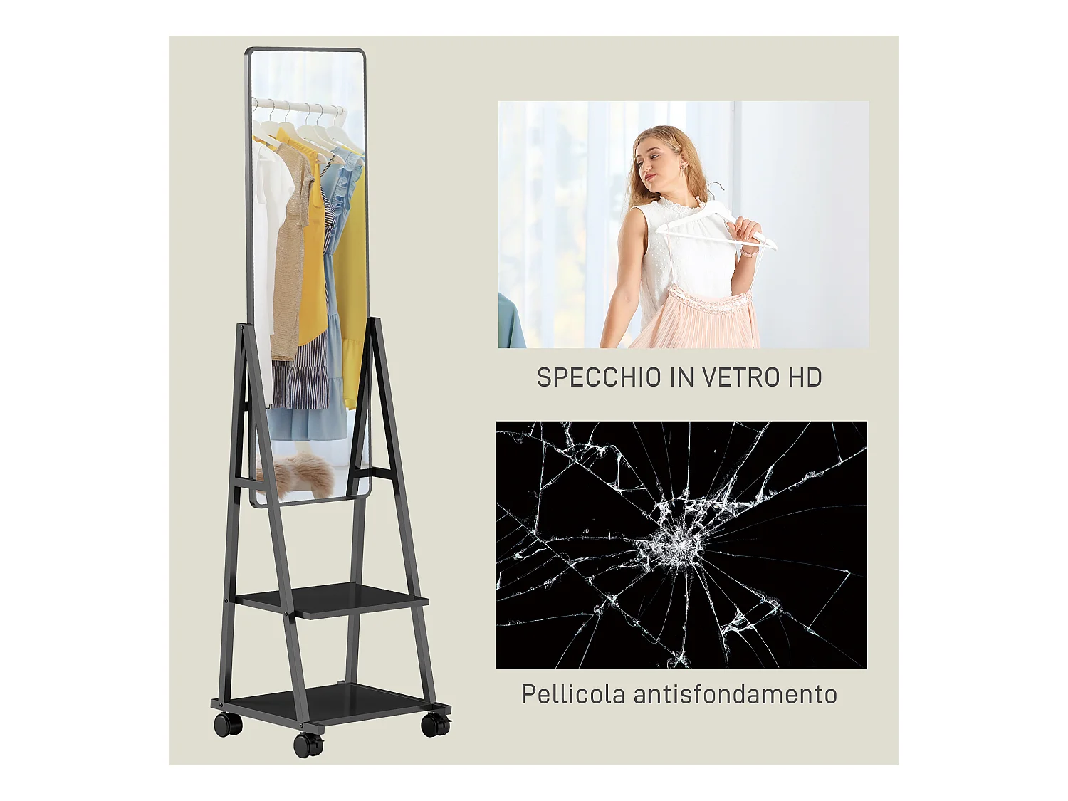 Specchio verticale con 2 ripiani in acciaio e truciolato nero