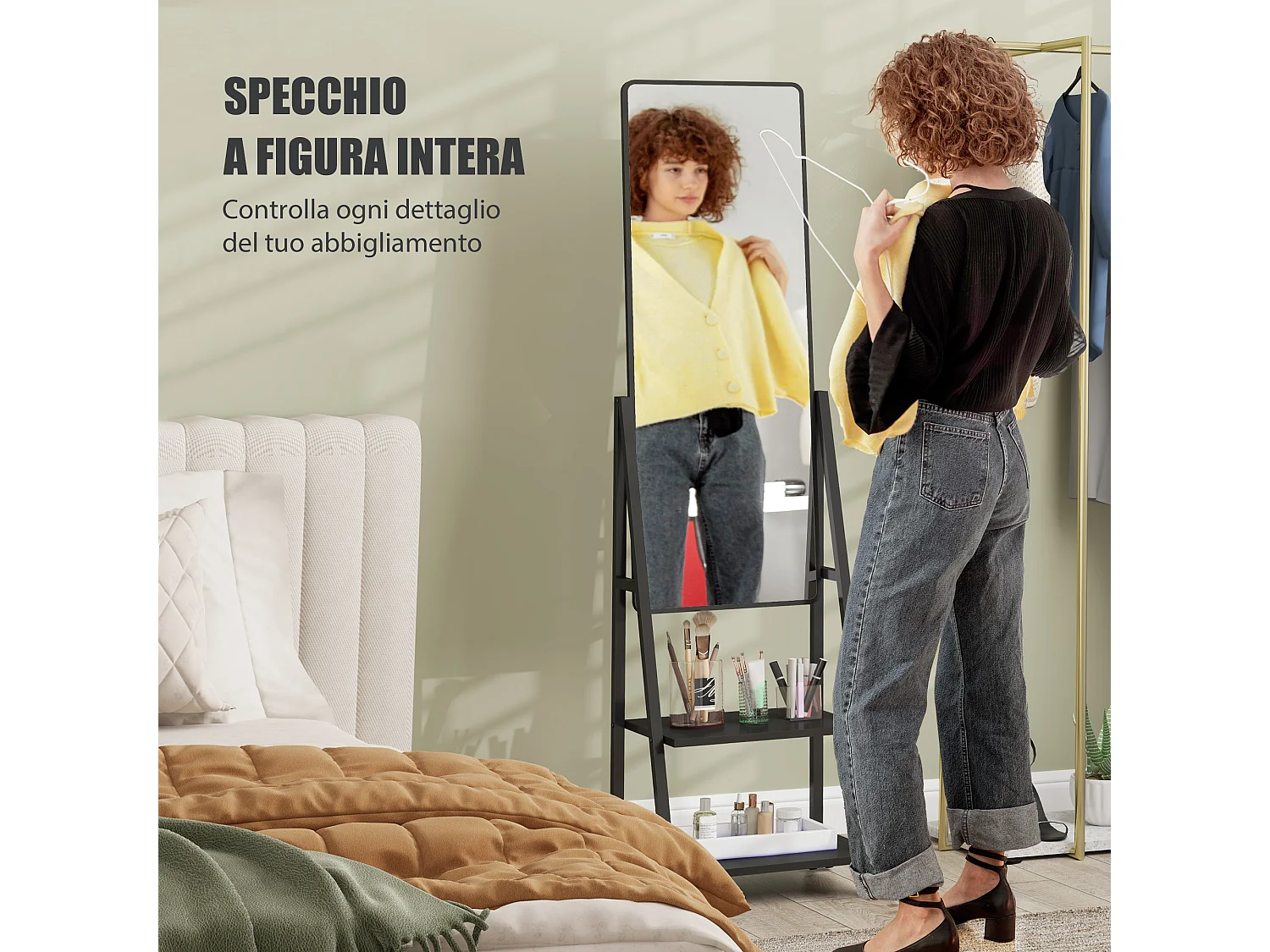 Specchio verticale con 2 ripiani in acciaio e truciolato nero