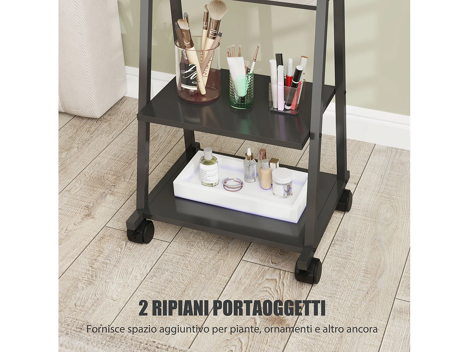 Specchio verticale con 2 ripiani in acciaio e truciolato nero