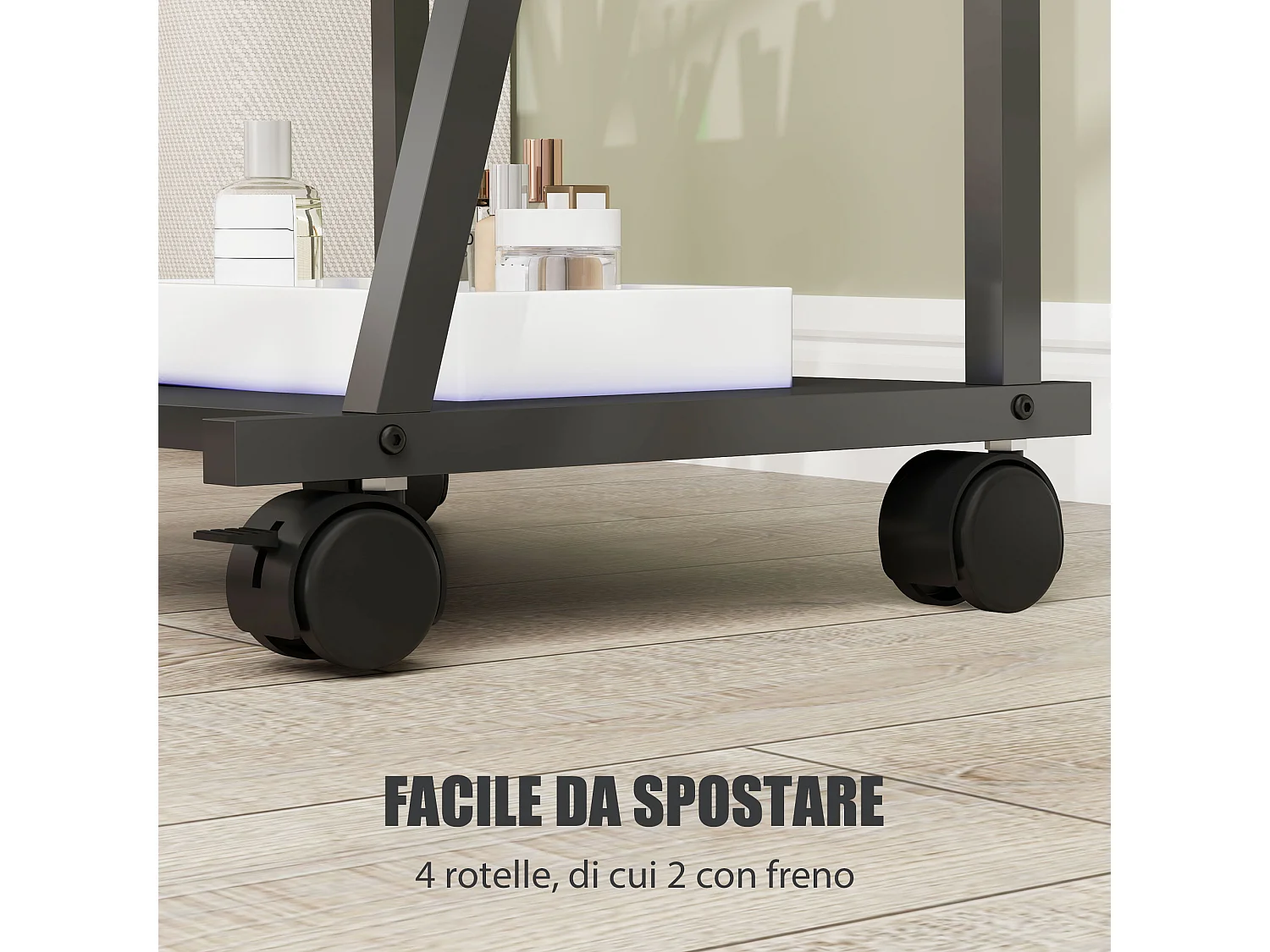 Specchio verticale con 2 ripiani in acciaio e truciolato nero