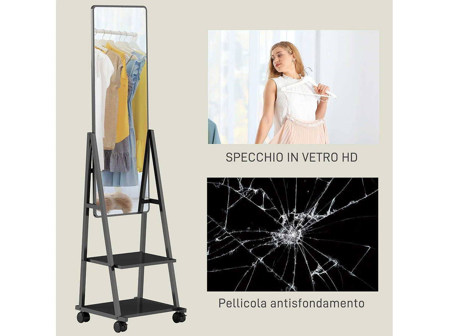 Specchio verticale con 2 ripiani in acciaio e truciolato nero