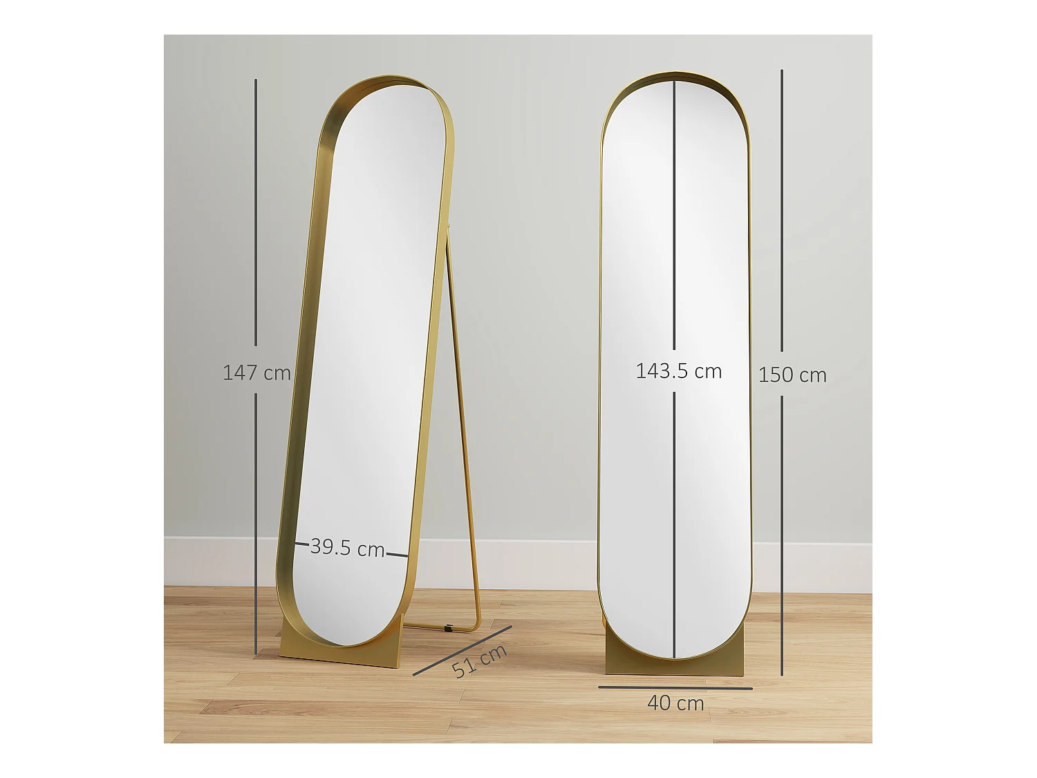Specchio da terra autoportante e da parete 40x150cm in metallo oro