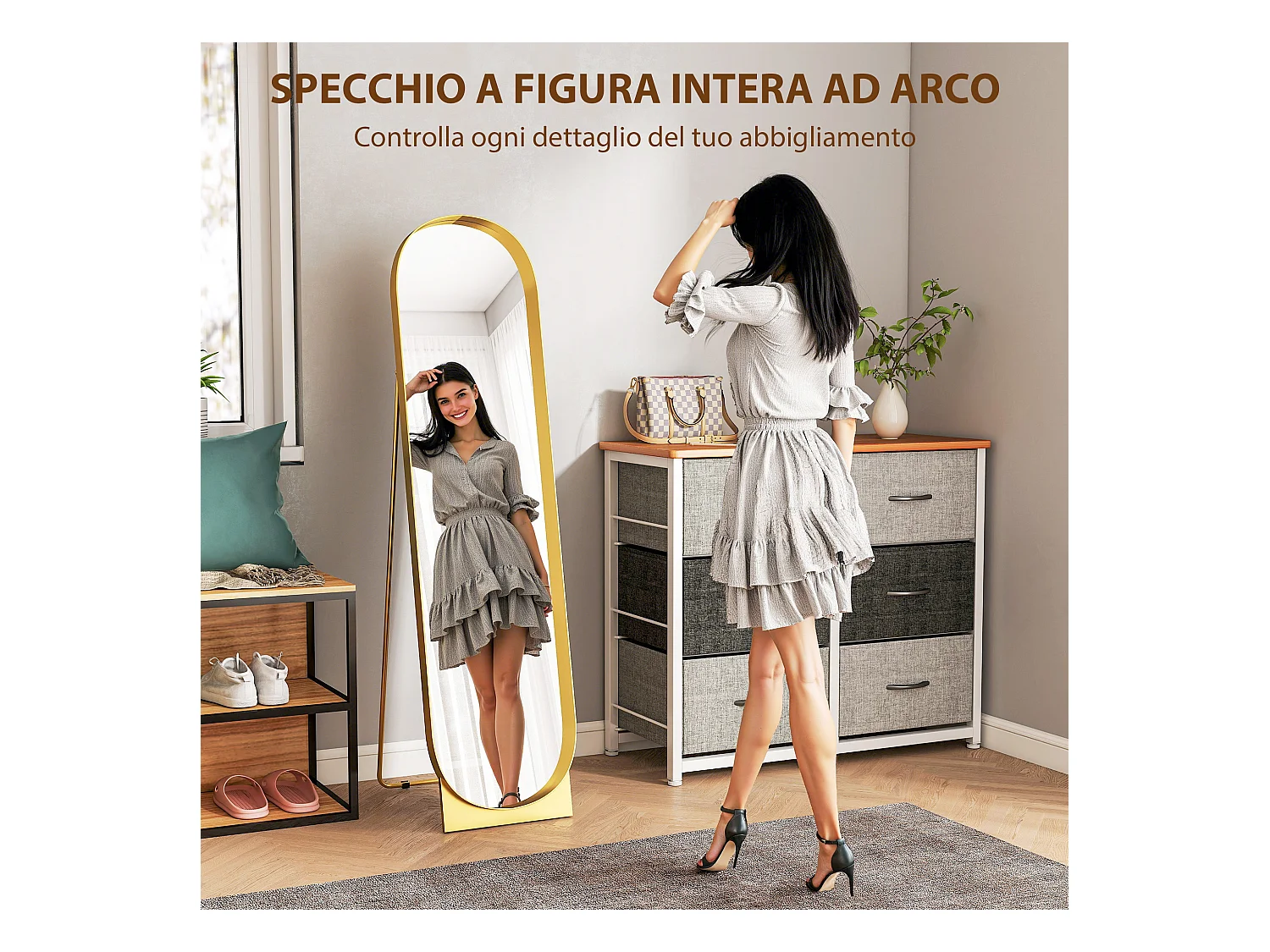 Specchio da terra autoportante e da parete 40x150cm in metallo oro