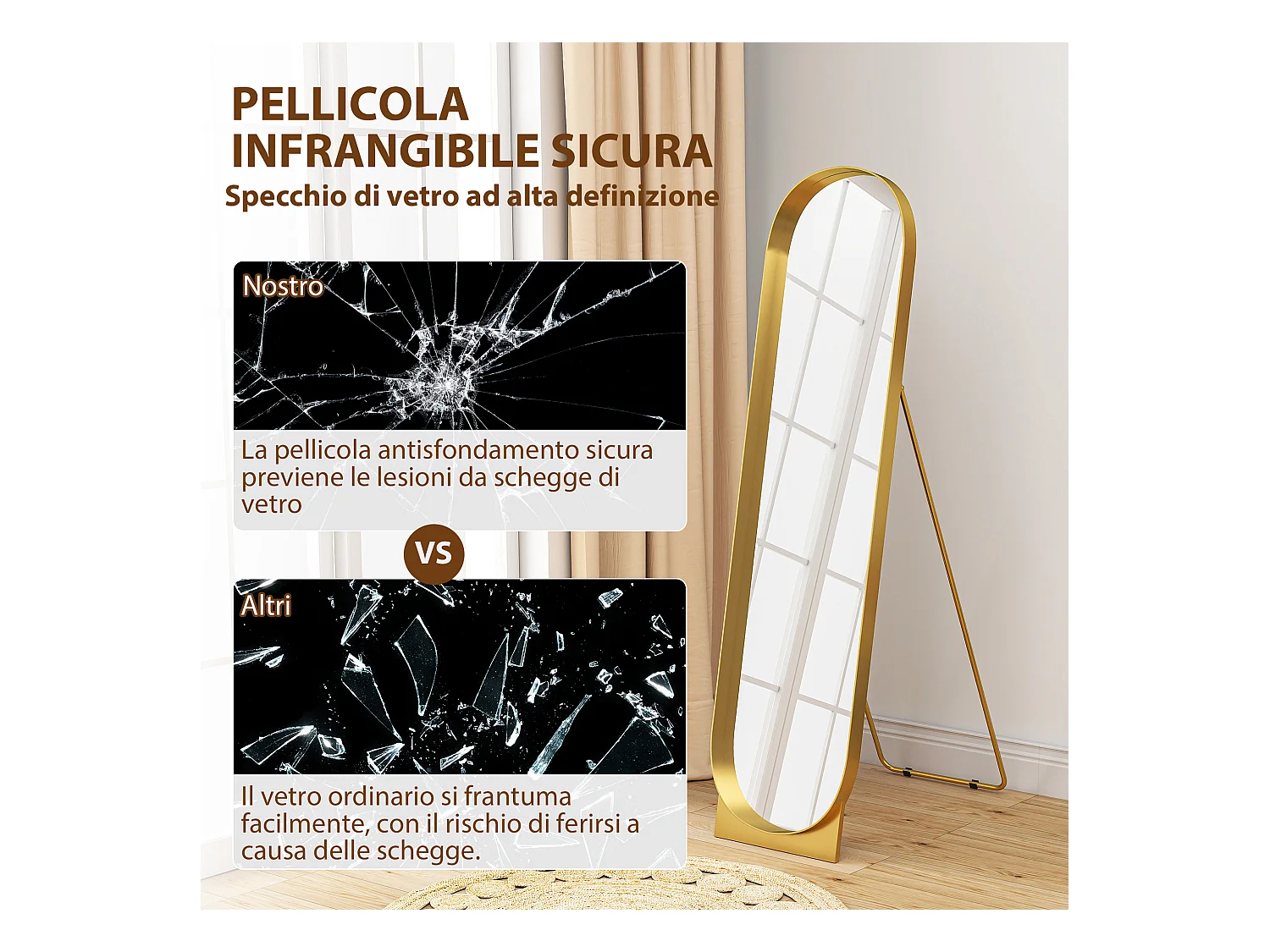 Specchio da terra autoportante e da parete 40x150cm in metallo oro