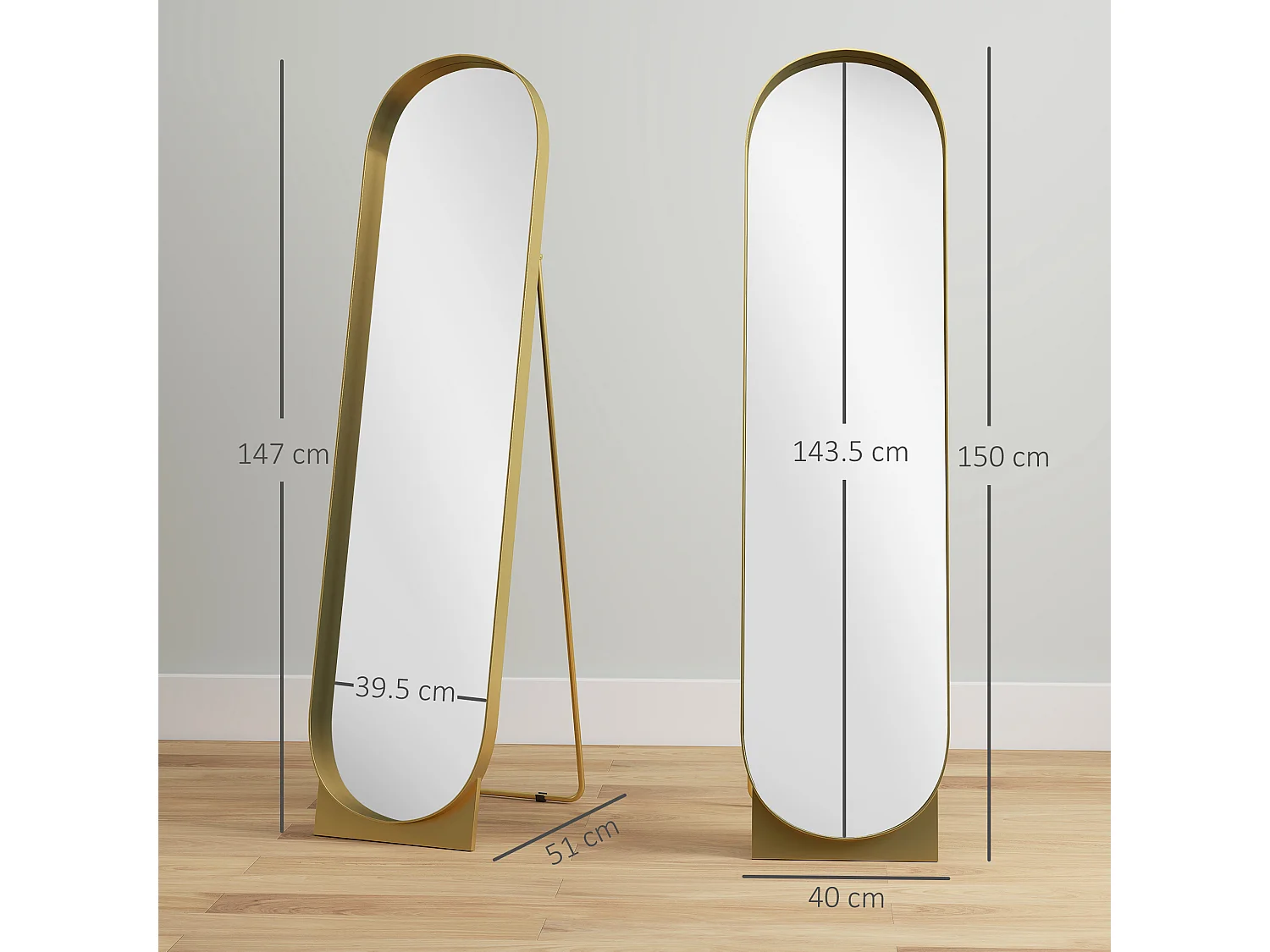 Specchio da terra autoportante e da parete 40x150cm in metallo oro