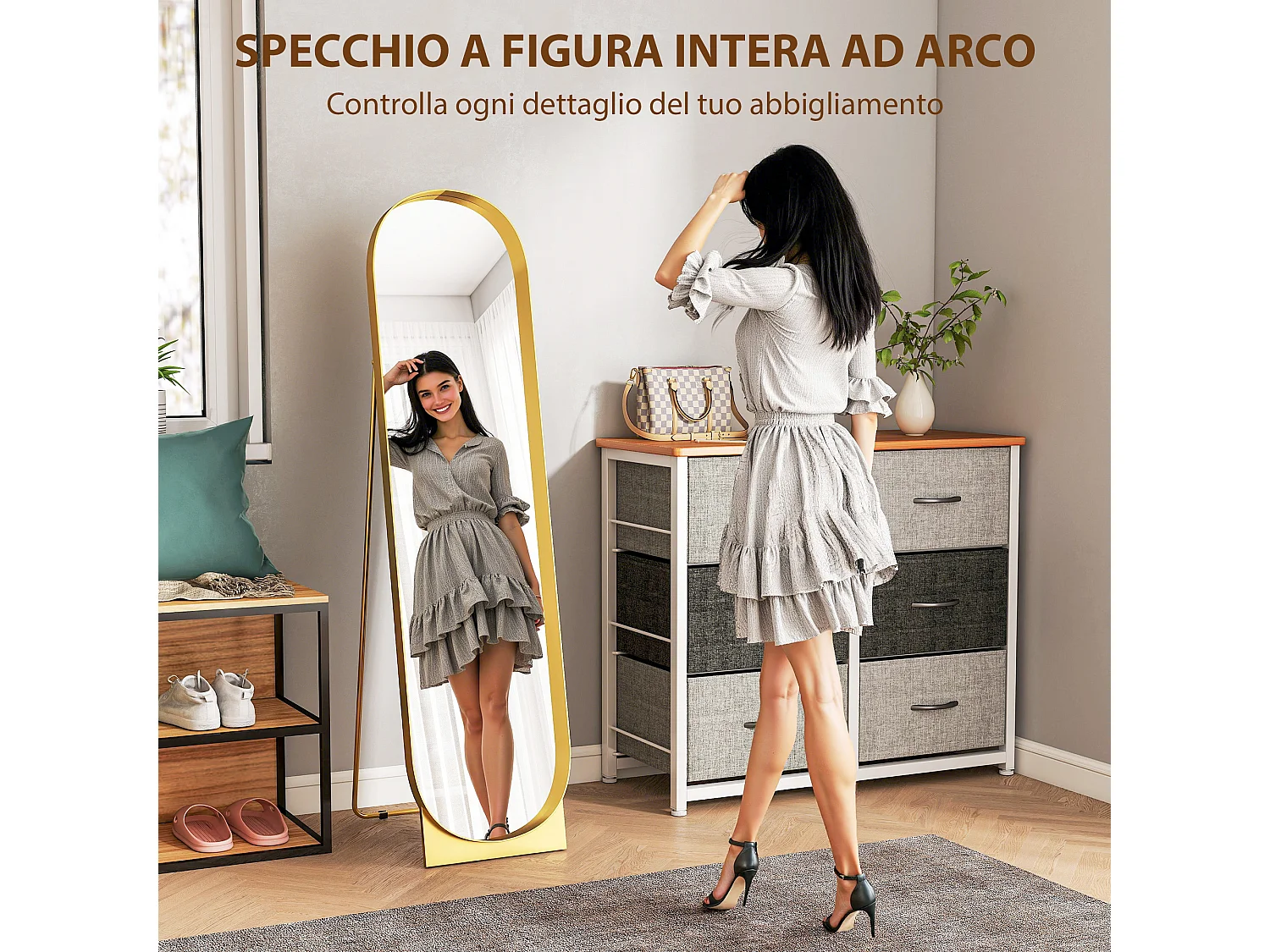 Specchio da terra autoportante e da parete 40x150cm in metallo oro