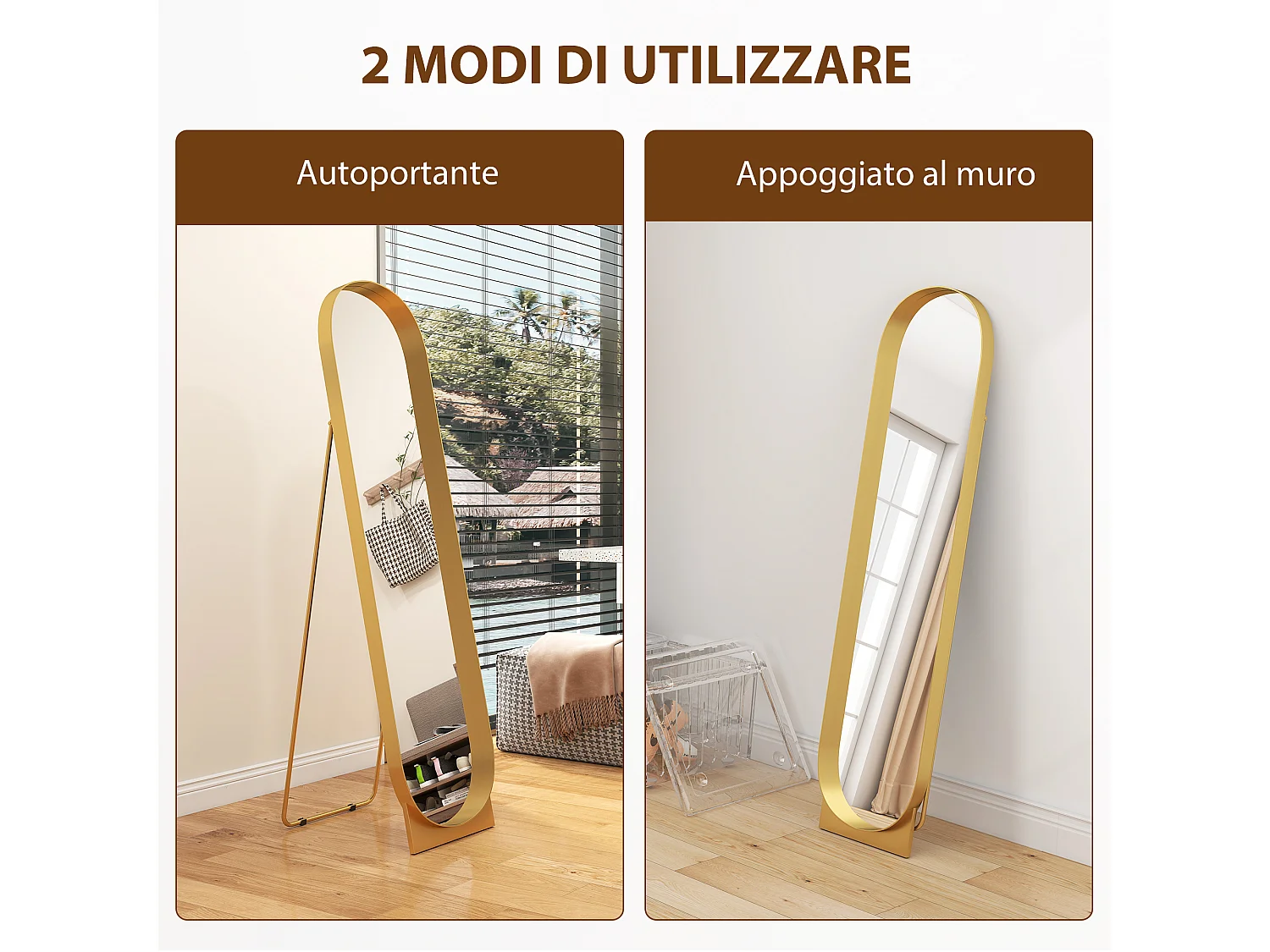 Specchio da terra autoportante e da parete 40x150cm in metallo oro