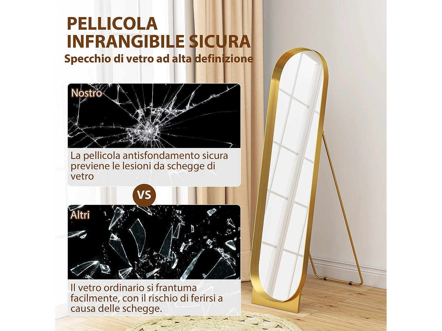 Specchio da terra autoportante e da parete 40x150cm in metallo oro