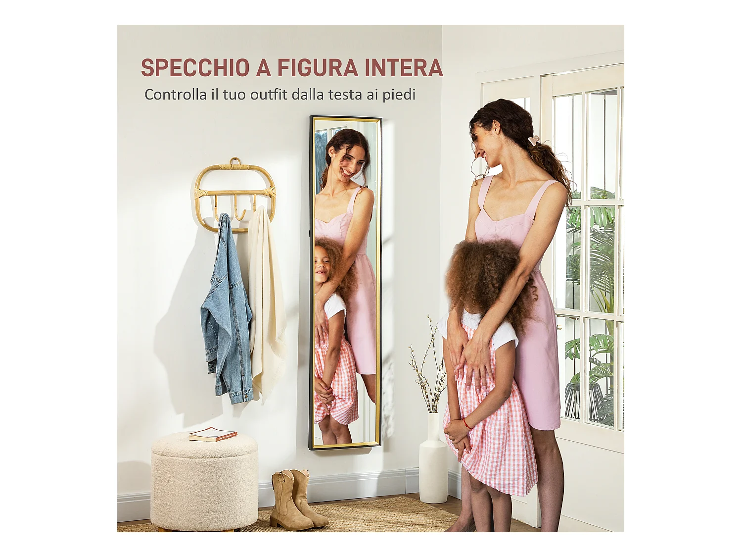 Specchio a figura intera con supporto e cornice in mdf nero e oro