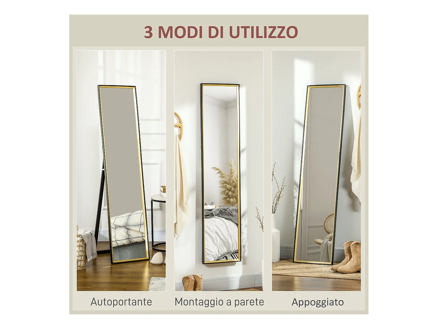 Specchio a figura intera con supporto e cornice in mdf nero e oro