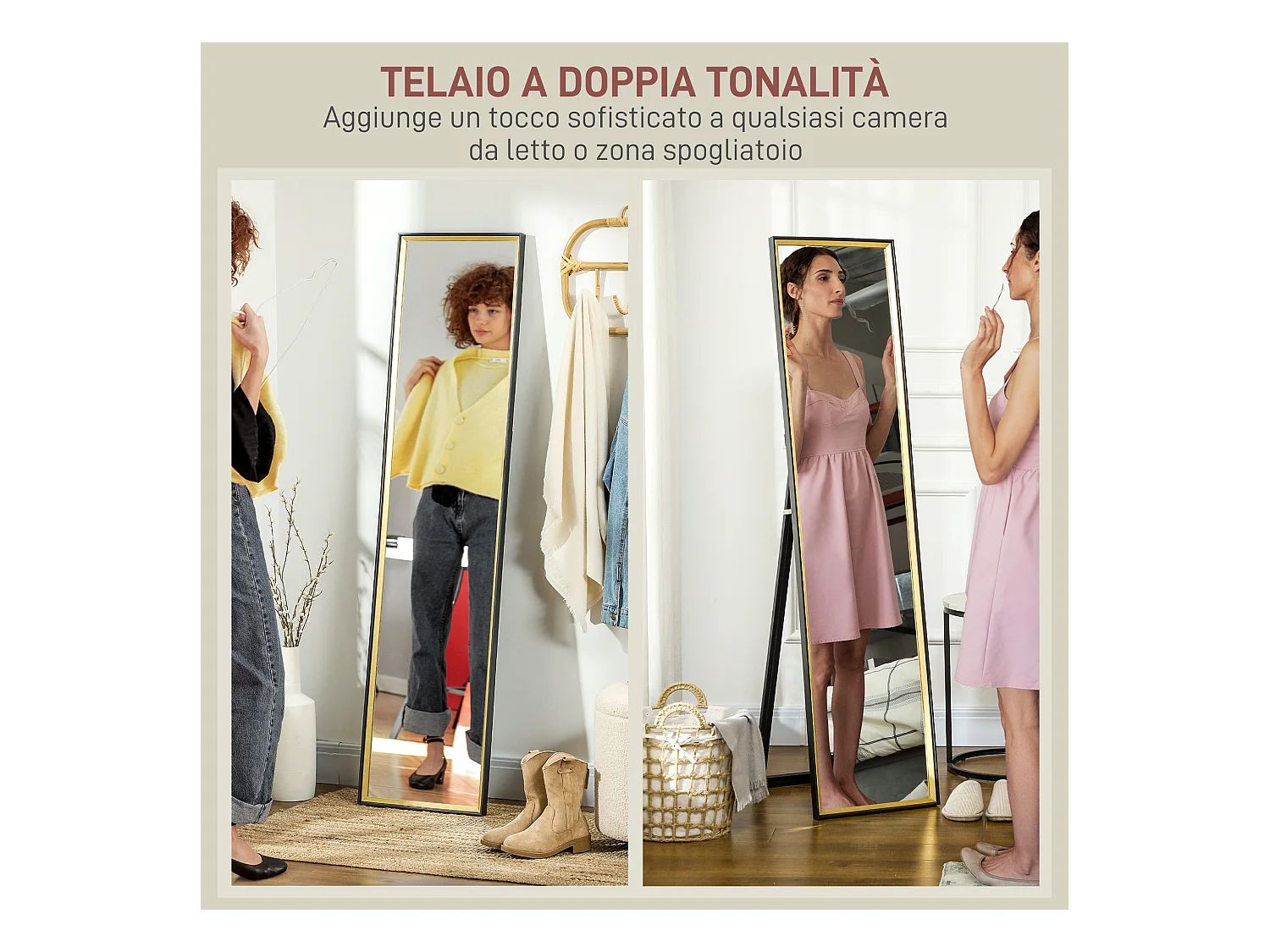 Specchio a figura intera con supporto e cornice in mdf nero e oro