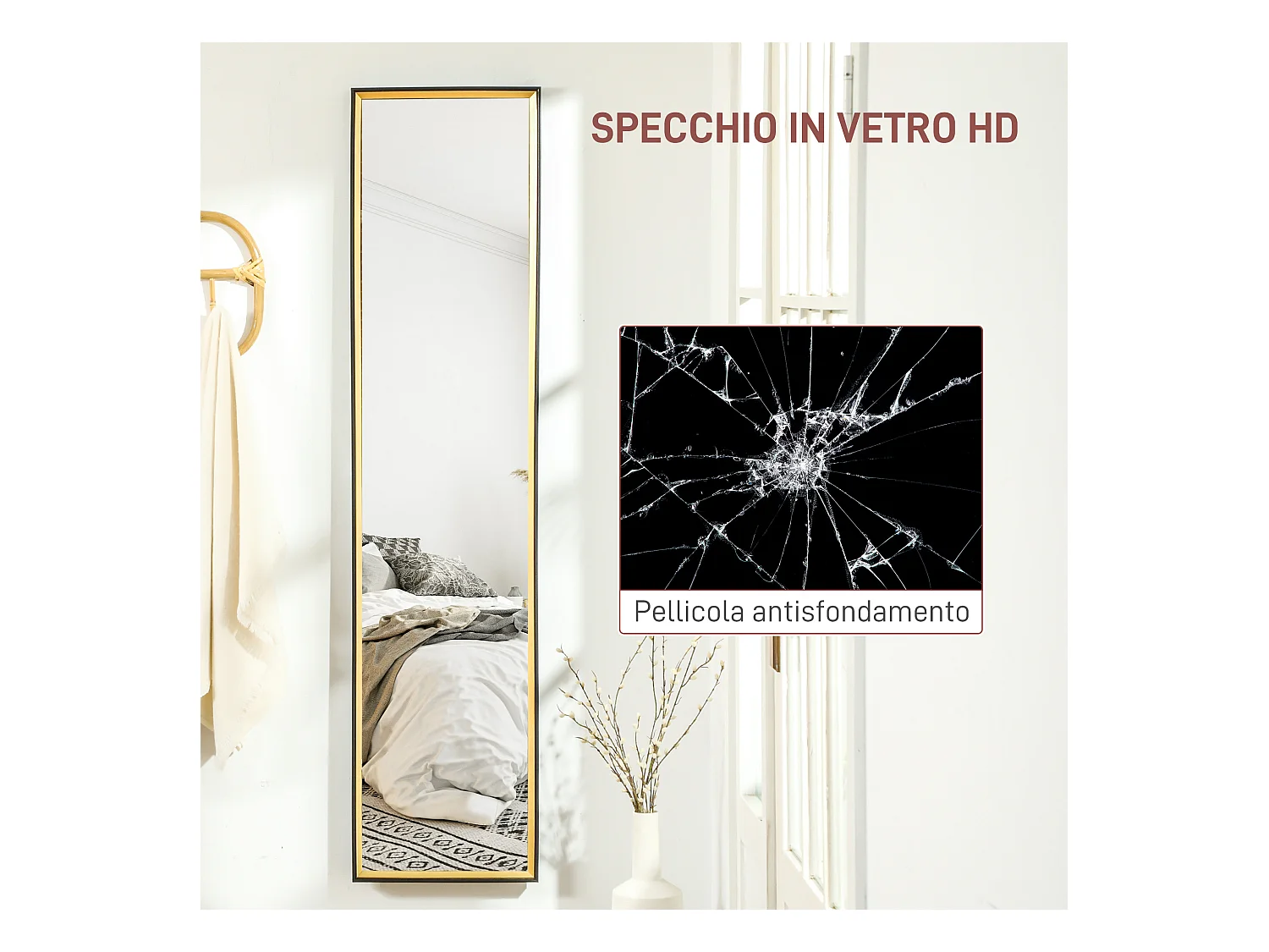 Specchio a figura intera con supporto e cornice in mdf nero e oro