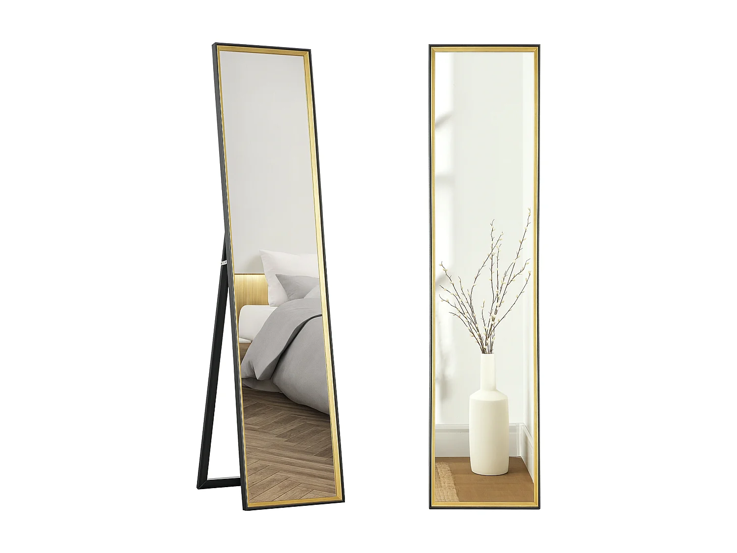 Specchio a figura intera con supporto e cornice in mdf nero e oro