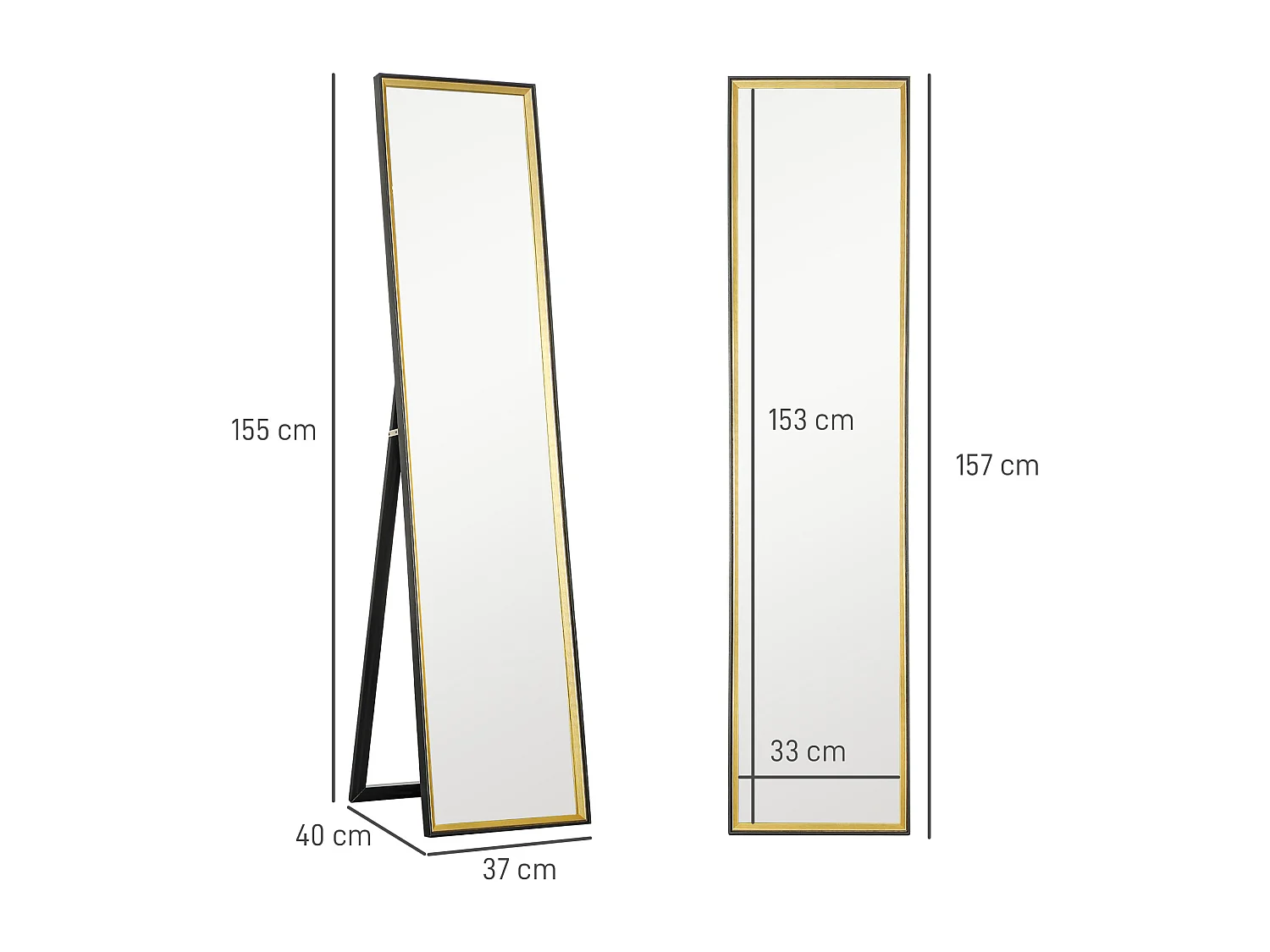 Specchio a figura intera con supporto e cornice in mdf nero e oro