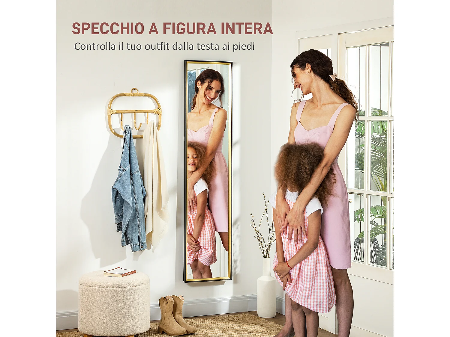 Specchio a figura intera con supporto e cornice in mdf nero e oro