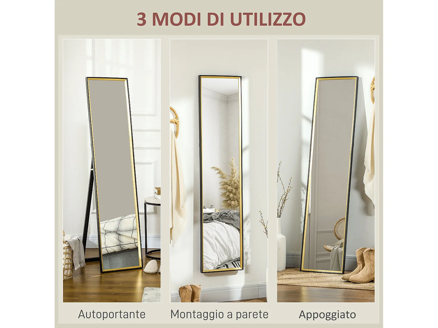 Specchio a figura intera con supporto e cornice in mdf nero e oro