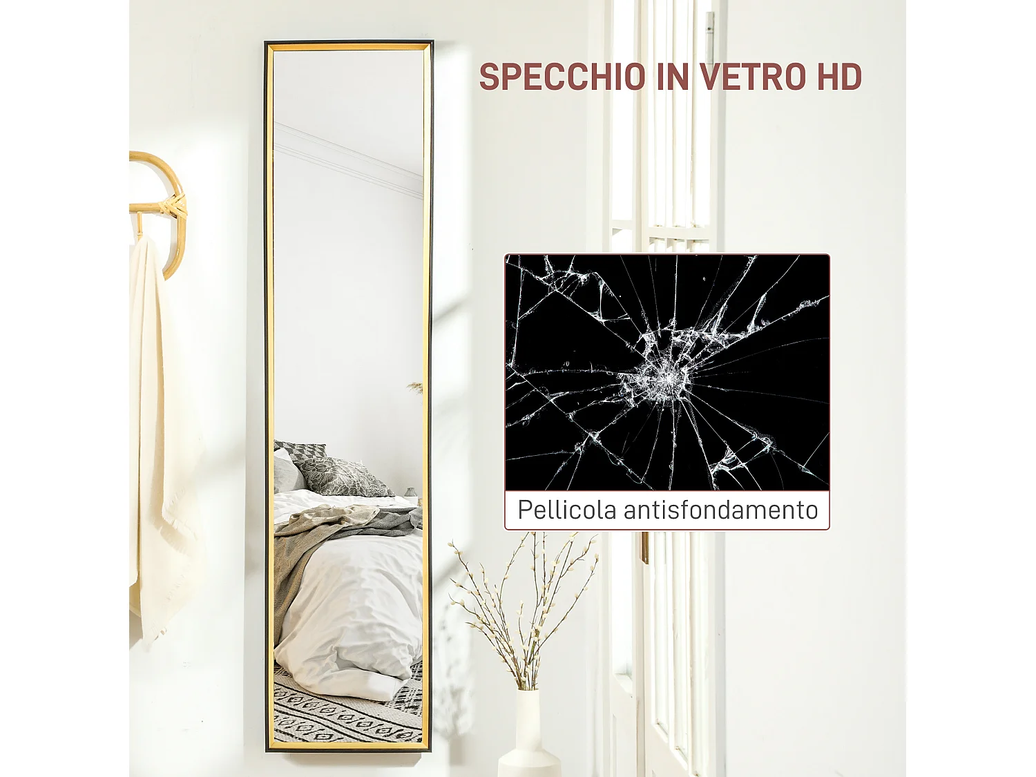 Specchio a figura intera con supporto e cornice in mdf nero e oro