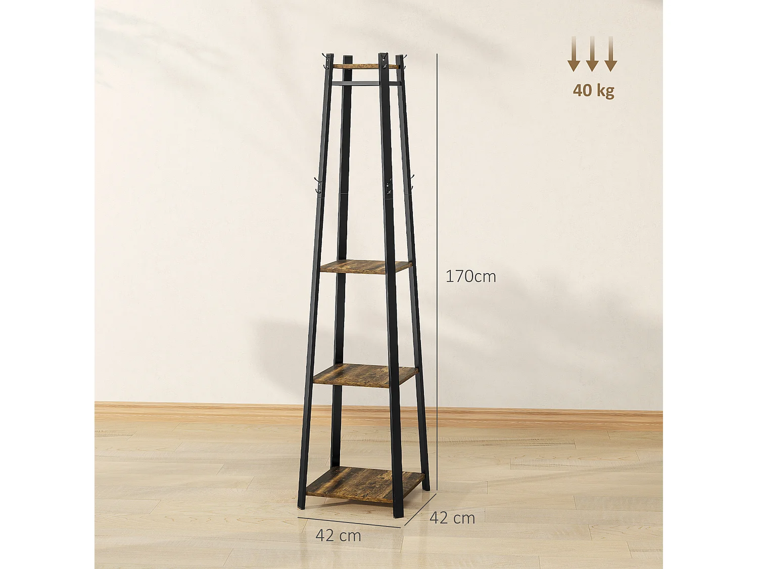 Appendiabiti da terra con 8 ganci e ripiani centrali marrone