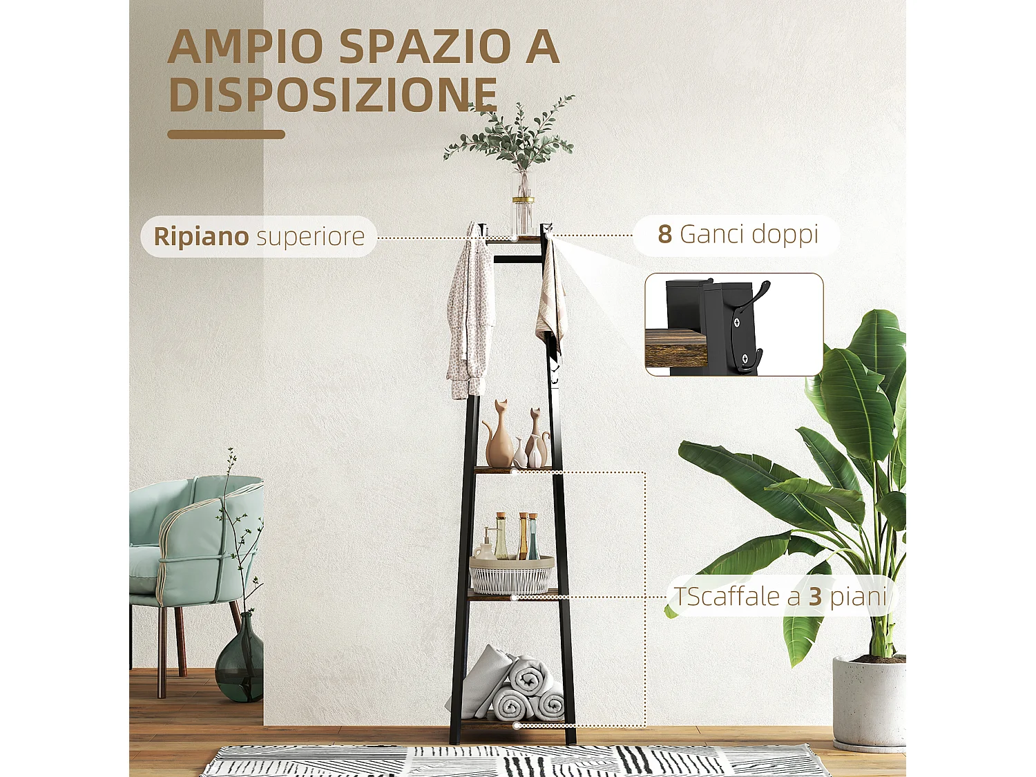 Appendiabiti da terra con 8 ganci e ripiani centrali marrone