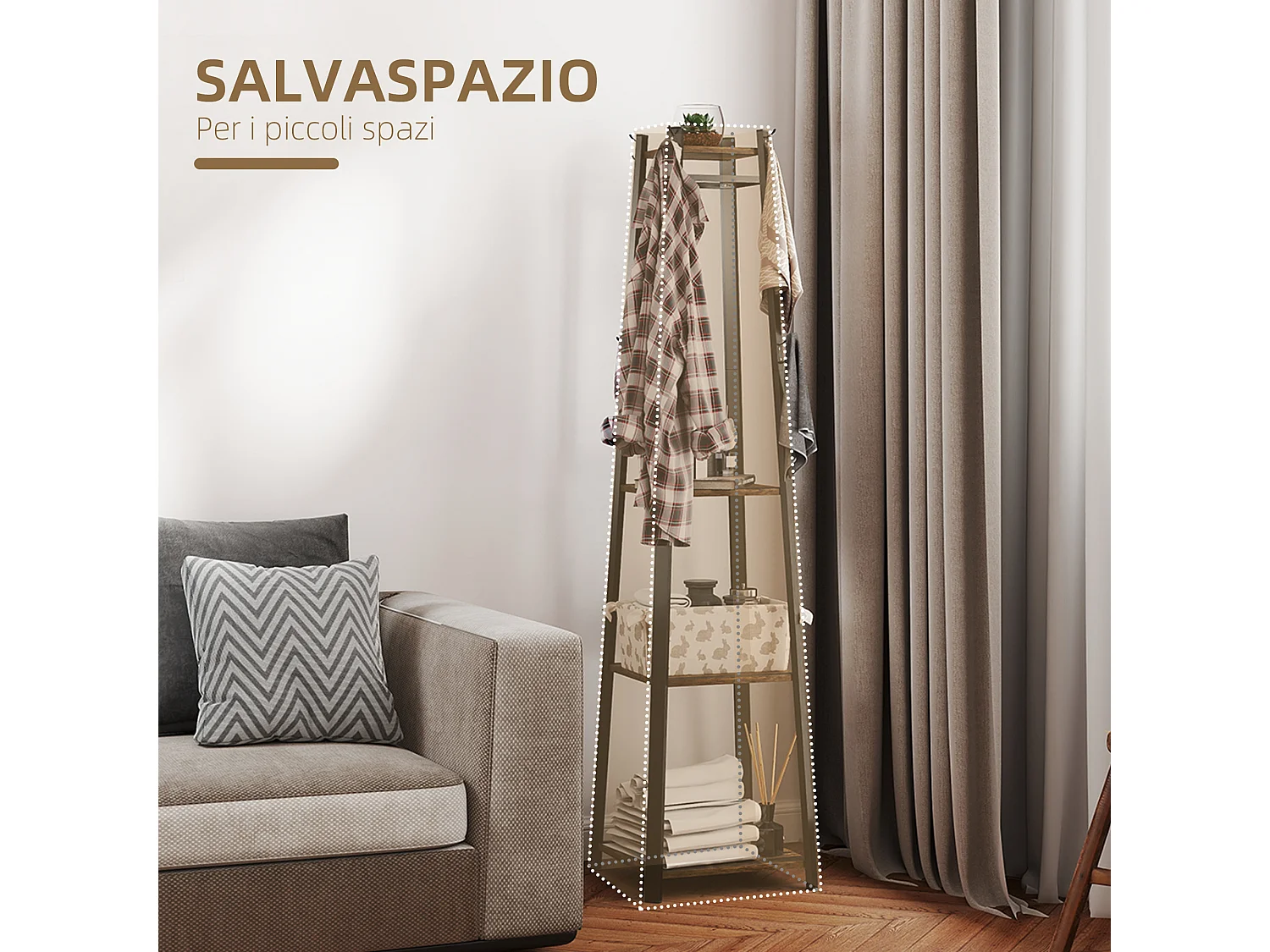 Appendiabiti da terra con 8 ganci e ripiani centrali marrone