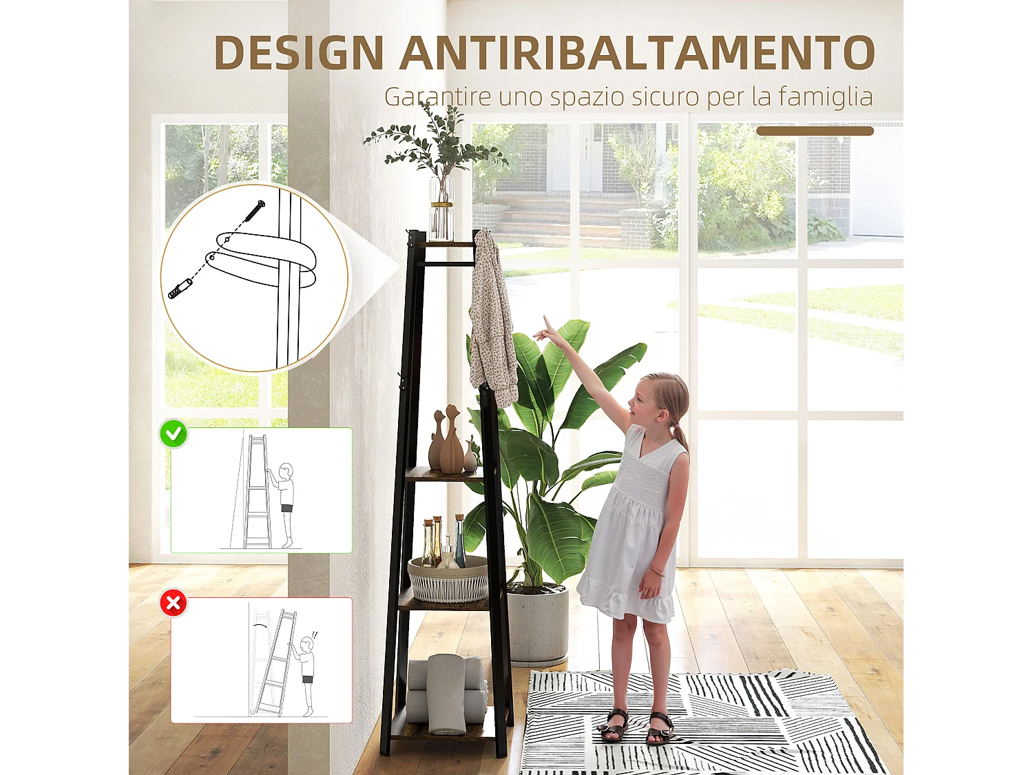 Appendiabiti da terra con 8 ganci e ripiani centrali marrone