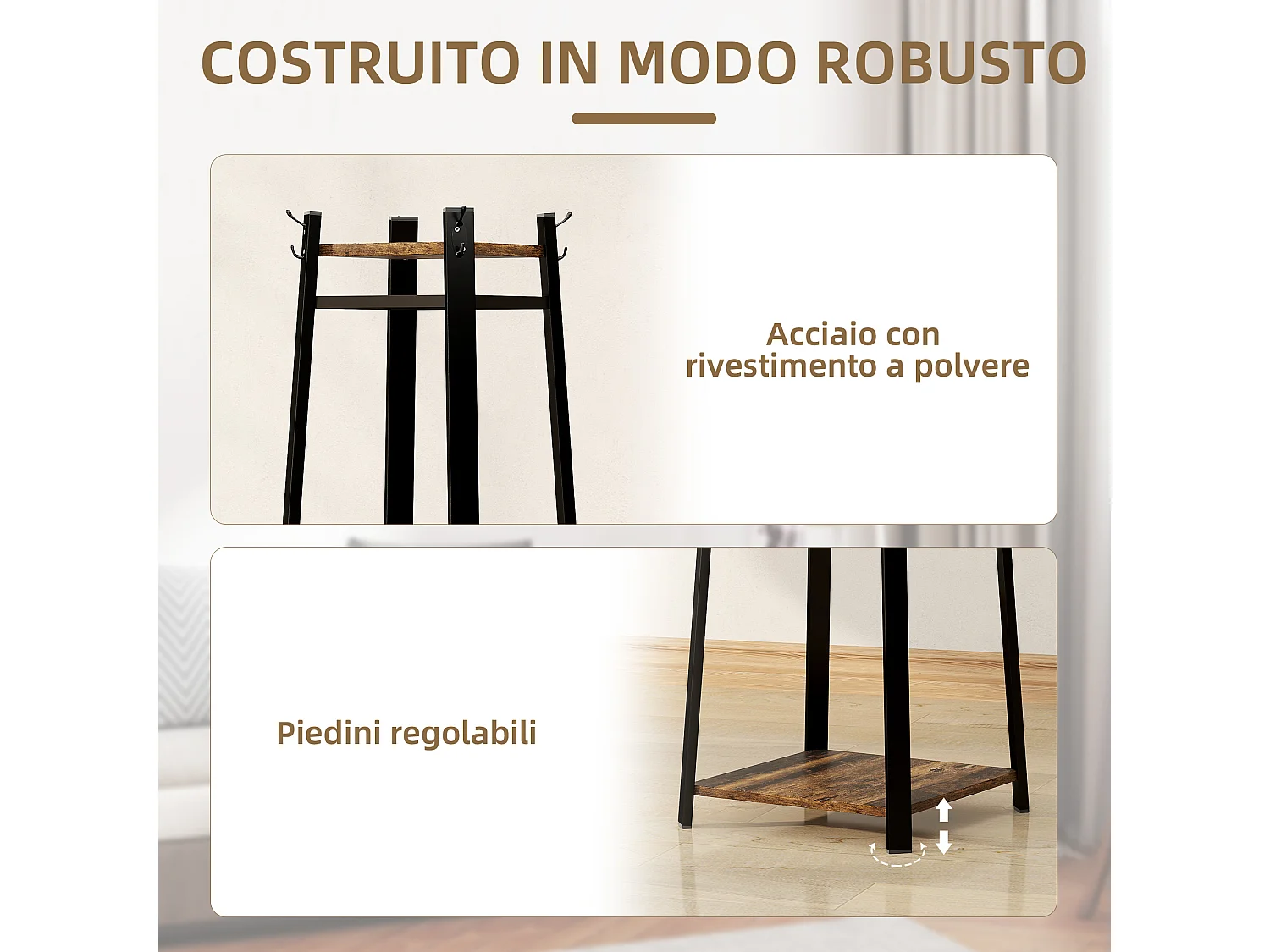 Appendiabiti da terra con 8 ganci e ripiani centrali marrone