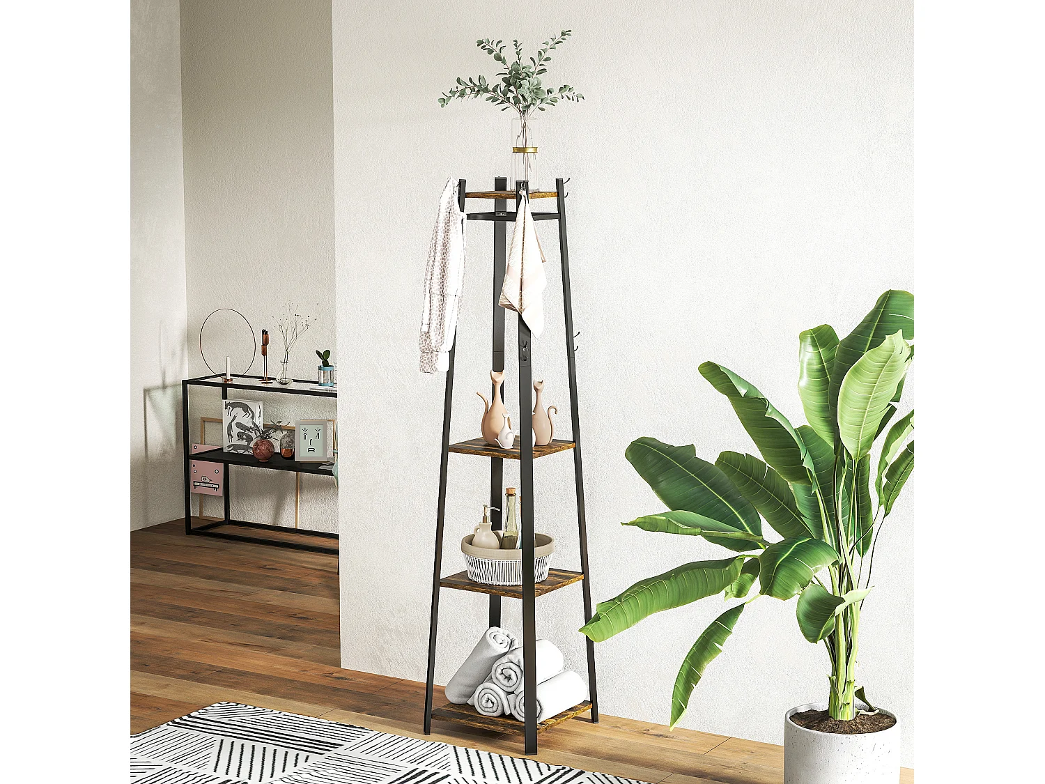 Appendiabiti da terra con 8 ganci e ripiani centrali marrone